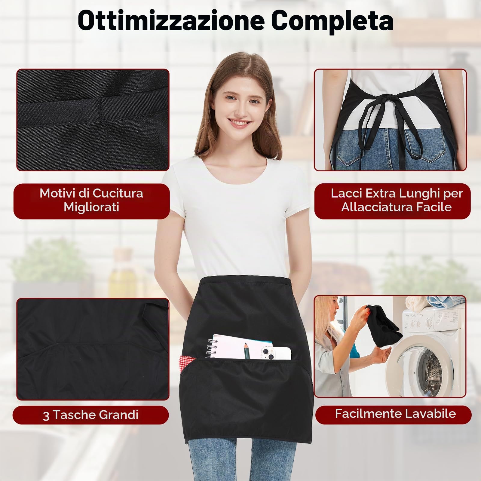 6 Pezzi Grembiuli, Mezzo Grembiuli da Cucina con 3 Tasche, Impermeabile Chef Grembiule per Uomini Donne, Grembiule Corto Cameriera Cameriere, Grembiule per Bistrot, Bar, Ristorante