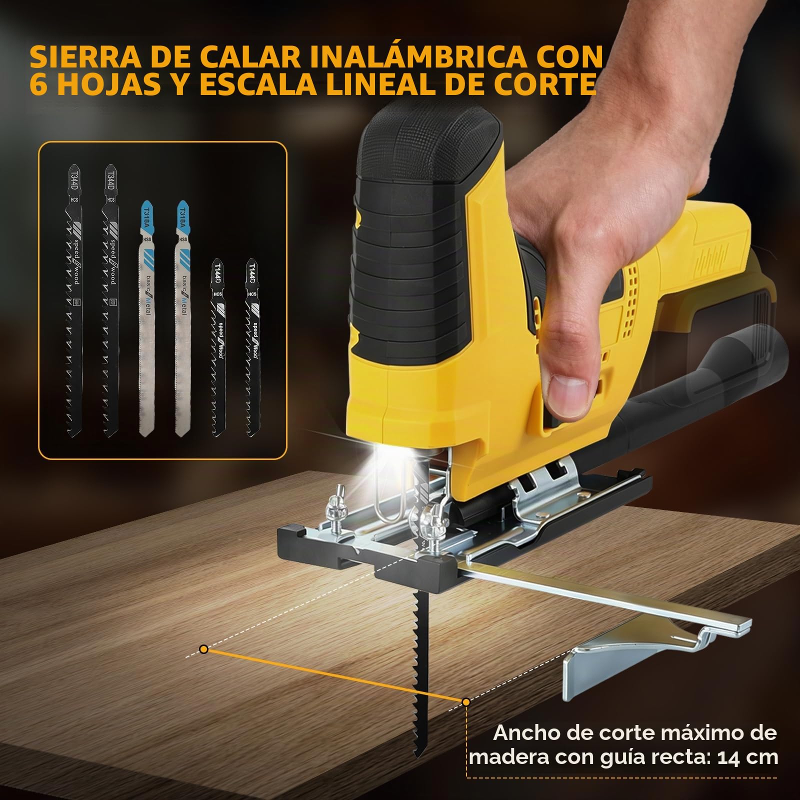 Serra de calar inalámbrica, compatible con baterías DeWaIt 18V/20V, 2800 rpm, motor sin escobillas, 7 ajustes de velocidad, corte inclinado ±45°, carrera de 18 mm, adecuada para madera, metal y PVC