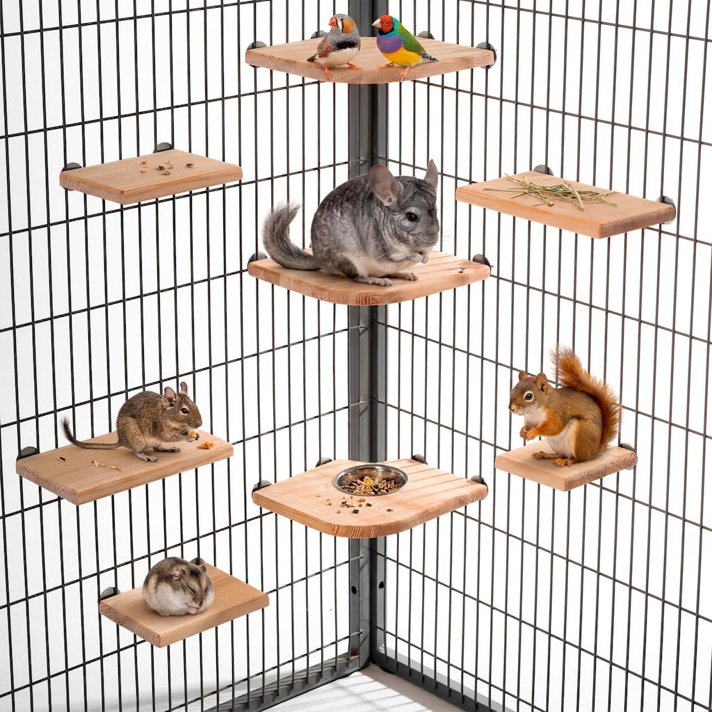 Haustier-Plattform-Set aus Holz mit Schale, 8 Ledges für Chinchilla-Käfig, Kiefer natur
