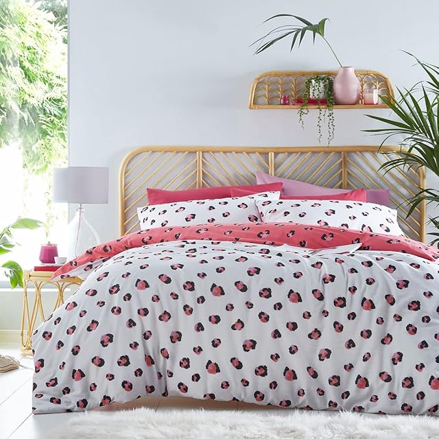 Leopard Print Duvet Set Quilt Cover Pillow Cases White Pink Bedding (Double)