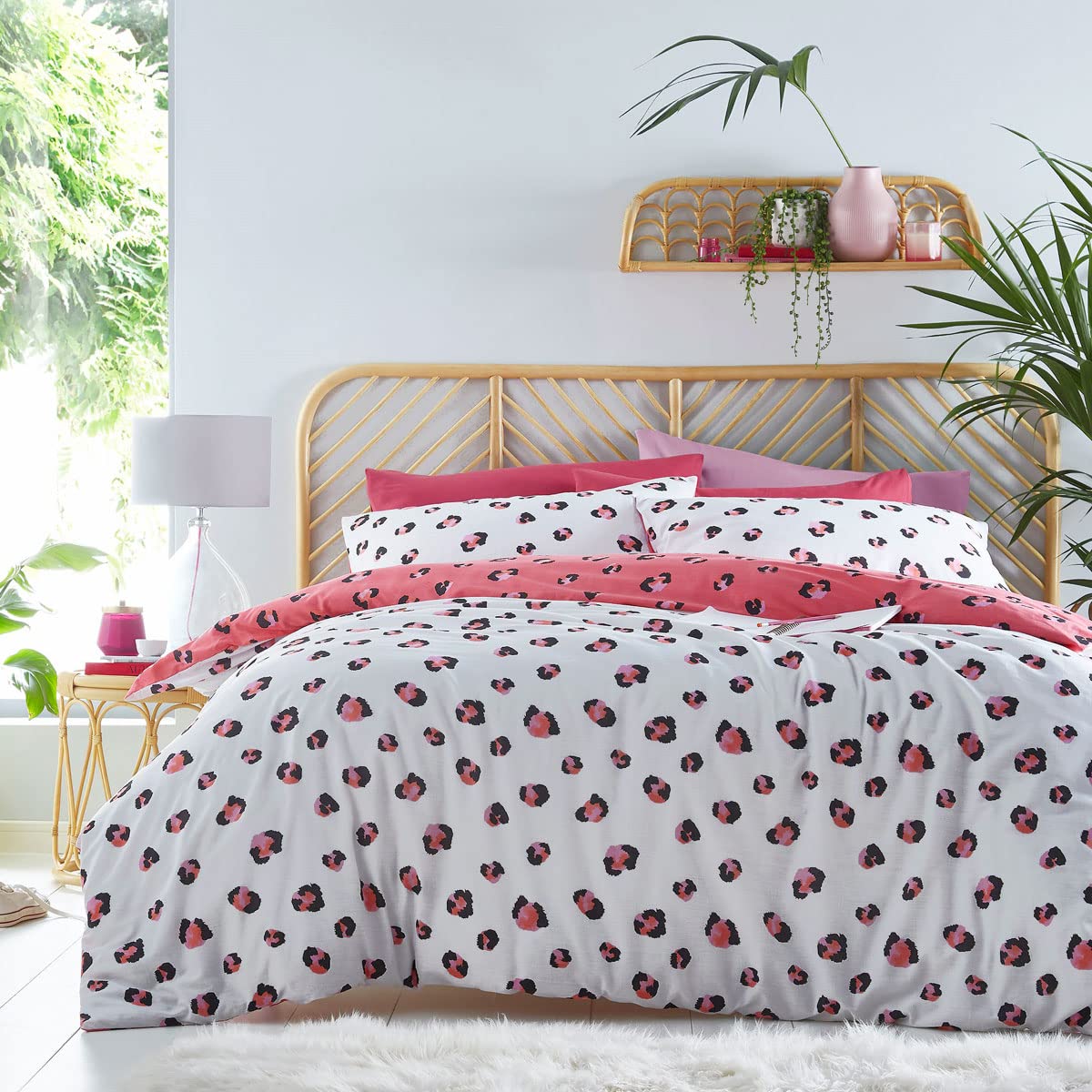Homemaker Bedding Pink Leopard Print Duvet Set Quilt Cover Pillow Cases White Bedding (King)