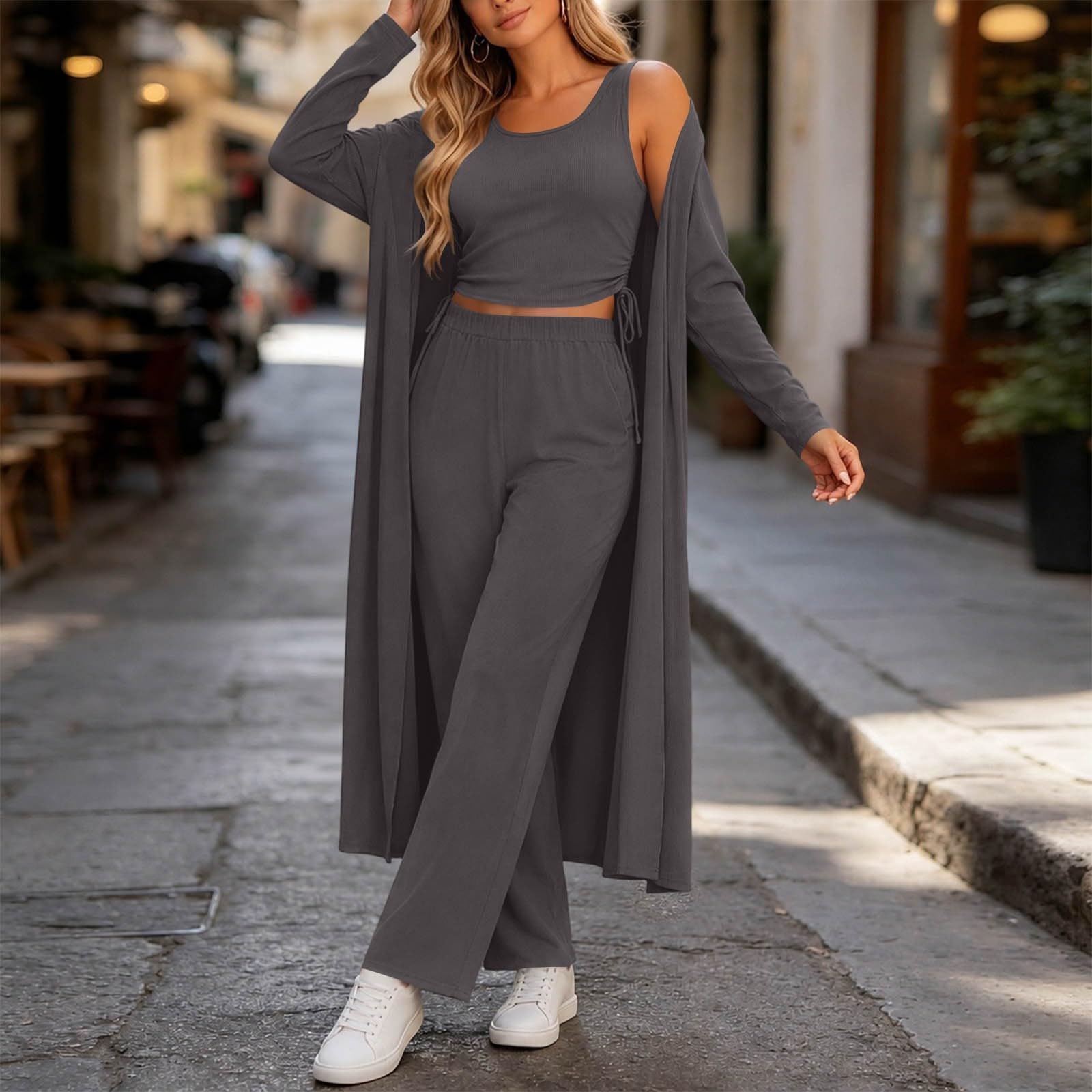 Conjunto de ropa de descanso de 3 piezas para mujer, de punto acanalado, ajuste delgado, cuello redondo, chaleco corto, pantalones de pierna ancha, cárdigan de manga larga, cárdigan suave y acogedor