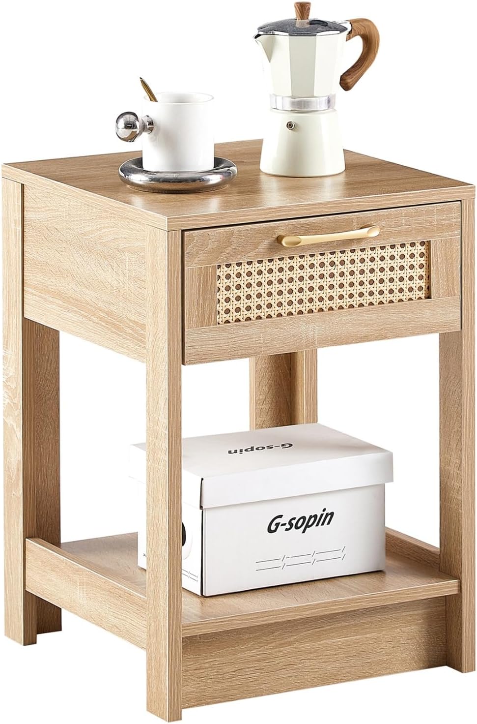 i-POOK Rattan Nightstand, Wooden Small Side Table with Storage Drawer and Open Shelf, Accent Bedside Corner End Table for Sofa Couch Bed Living Room, 15.75×15.75×21.65 Inch, Natural