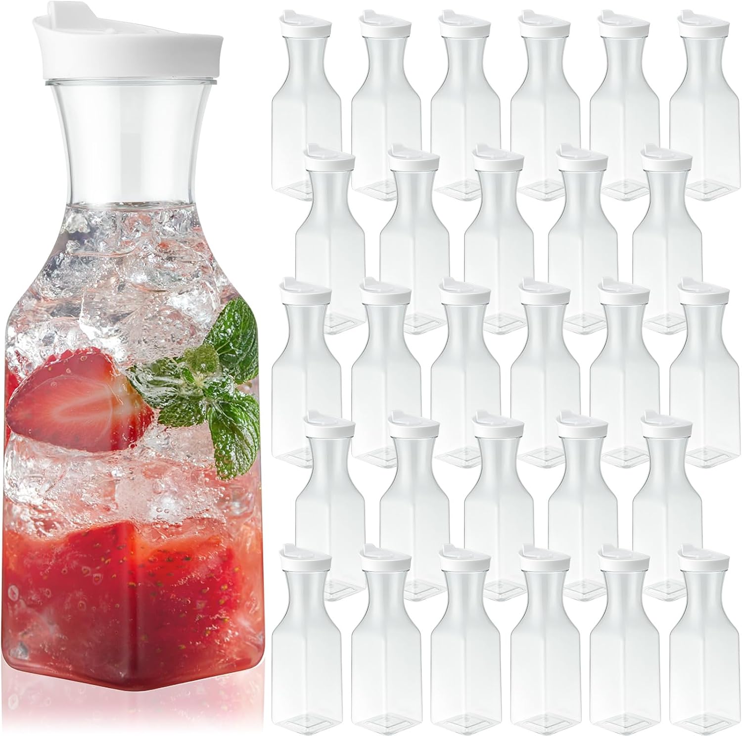 30 packs plastic carafe with lids, 34 oz clear mimosa juice containers, acrylic beverage carafe pitcher drink containers for fridge outdoor iced tea juice party mimosa bar (stylish)