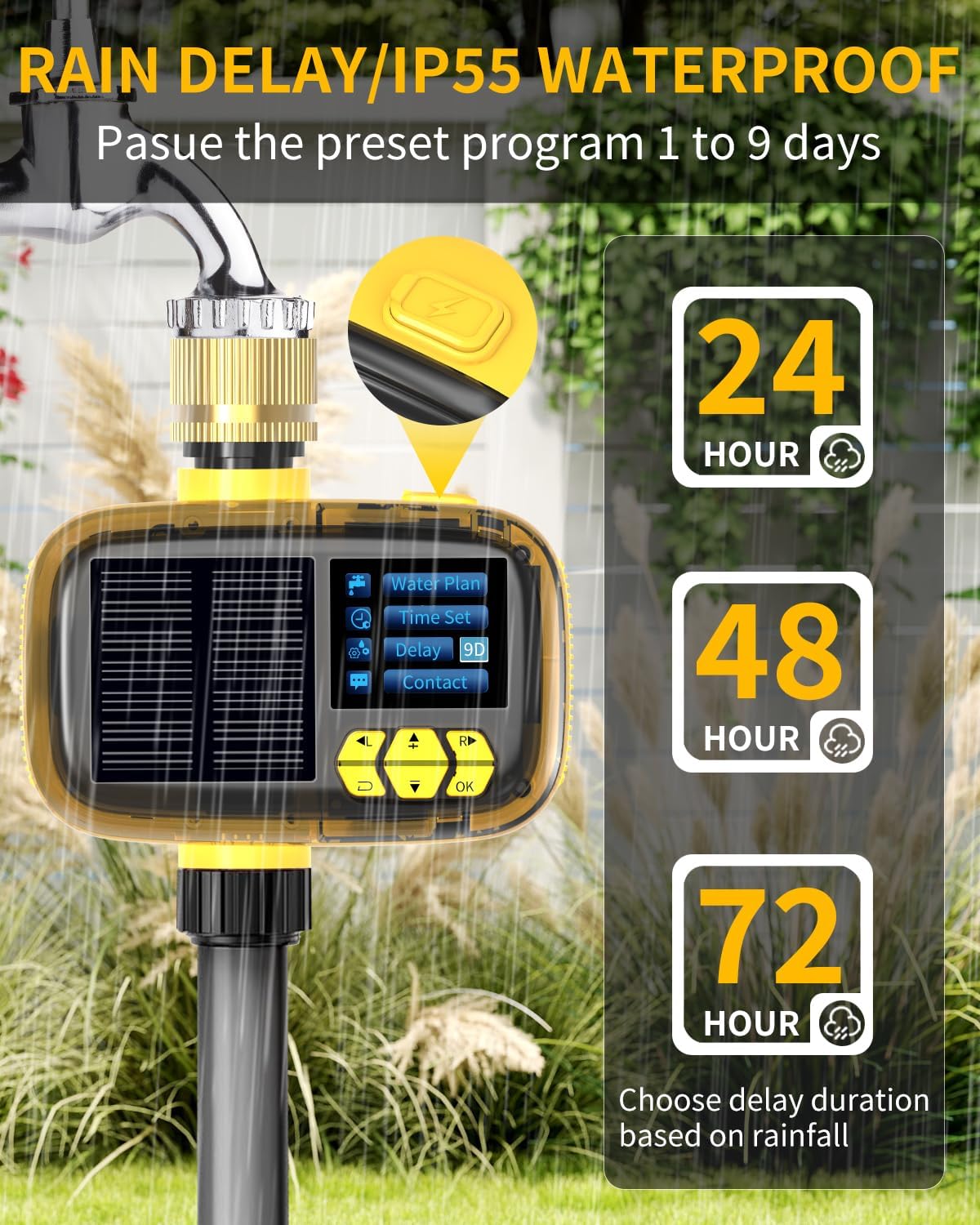 Solar Sprinkler Timer, Hose Timers for Watering - Programmable Water Timer for Garden/Yard, Brass Connector, Manual/Rain Delay Modes Outdoor Irrigation - Image 5