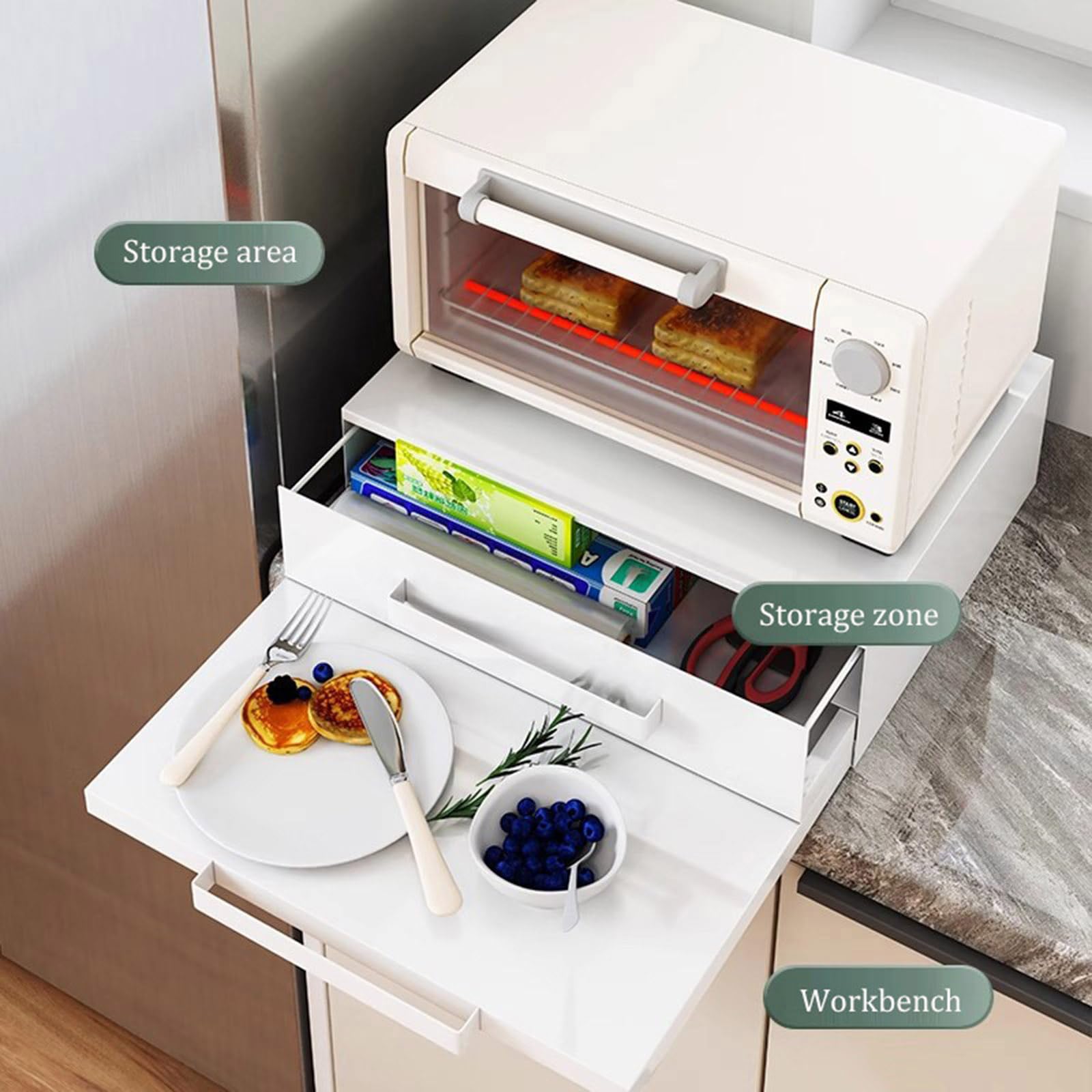 Vassoio scorrevole adjuble in acciaio al carbonio per microonde, 47 x 36 e 62 x 14 cm, ripiano estraibile bianco per cucina Sto & nizat