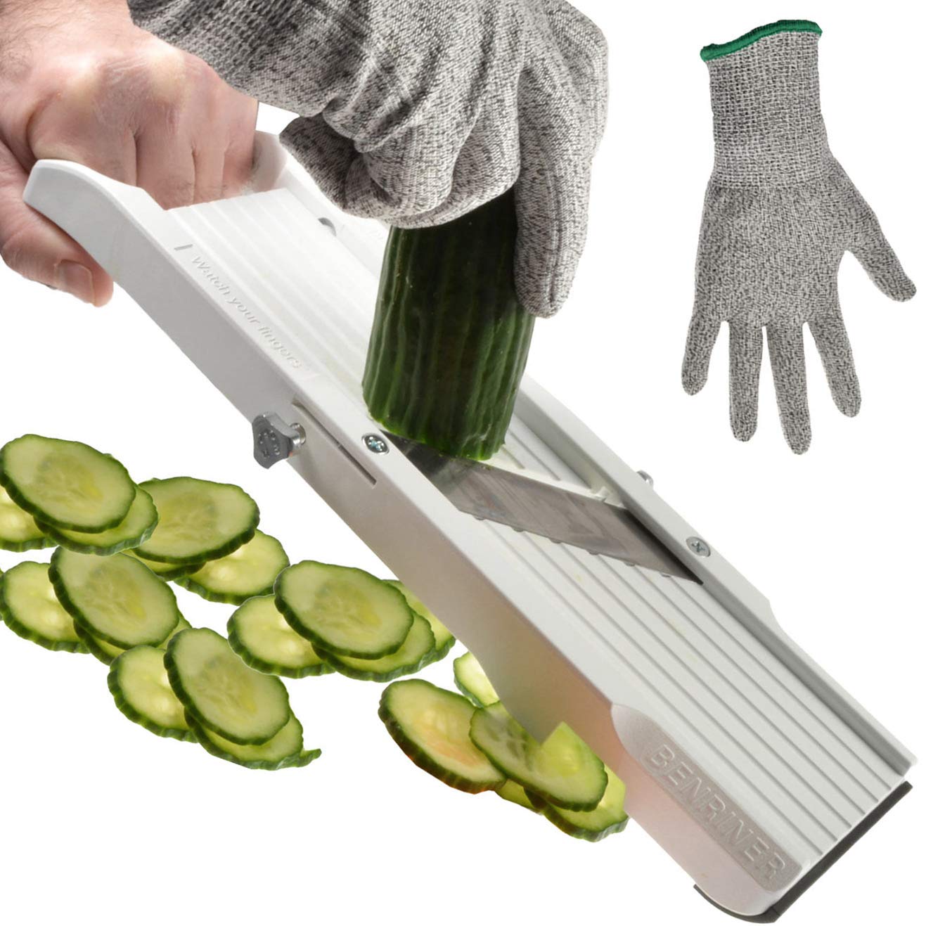 Benriner Mandoline Gemüseschneider Gemüsehobel 95 mm weiß inkl. Julienne Ersatzklingen und Fingerschutz + Prymo Schutzhandschuh