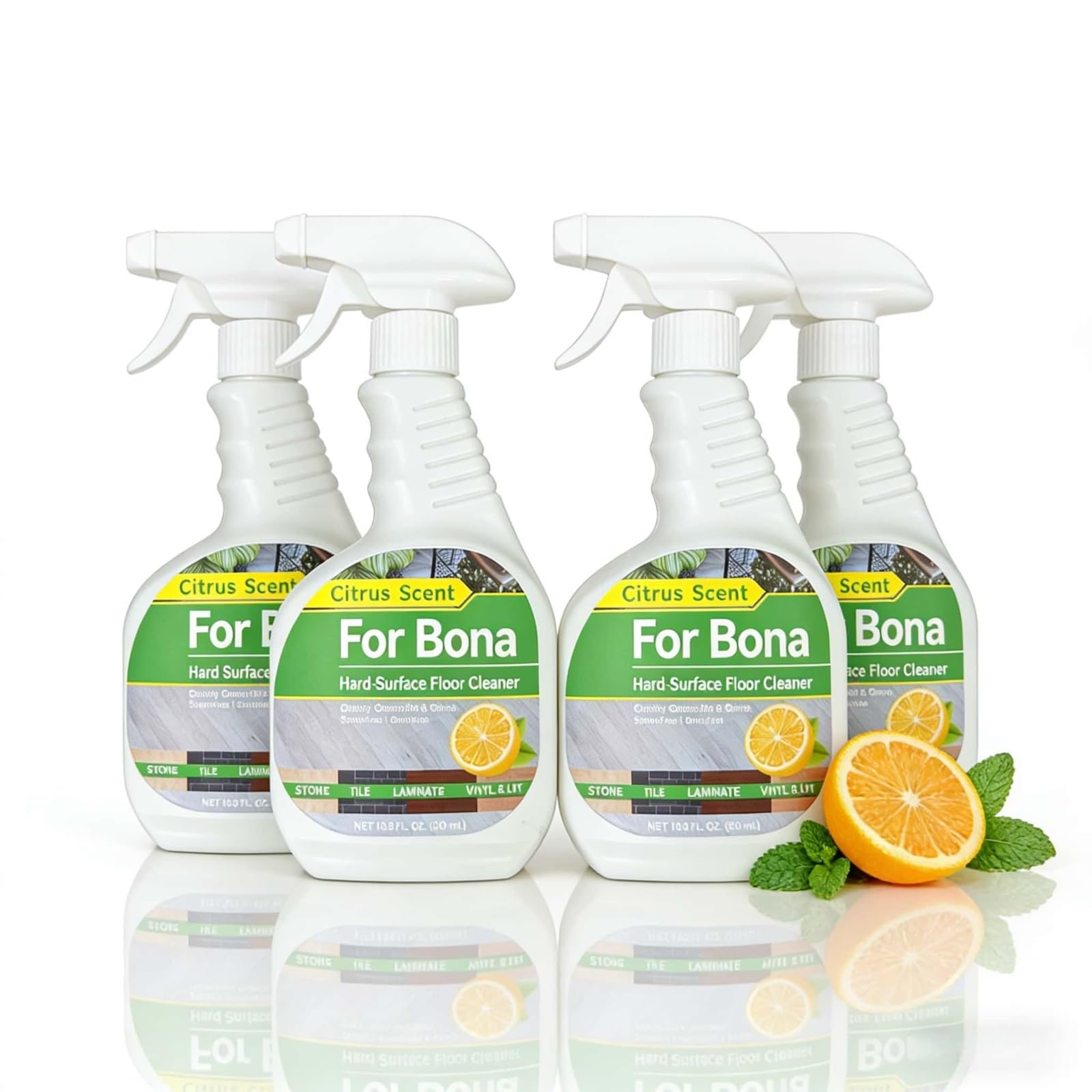 Compatible with Bona Hard-Surface Floor Cleaner Spray, 4 Bottle 500ml Citrus Mint Scent, Refillable, Residue-Free and Quick-Drying, for Stone, Tile, Wood Floors, Vinyl Flooring