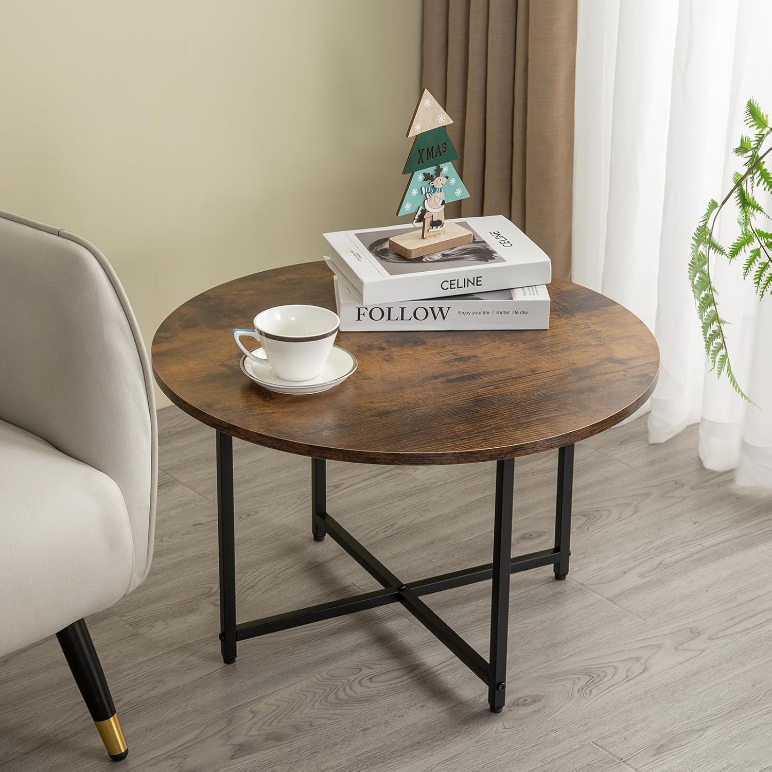 Round Coffee Table with Rustic Wooden Top & Sturdy Mental