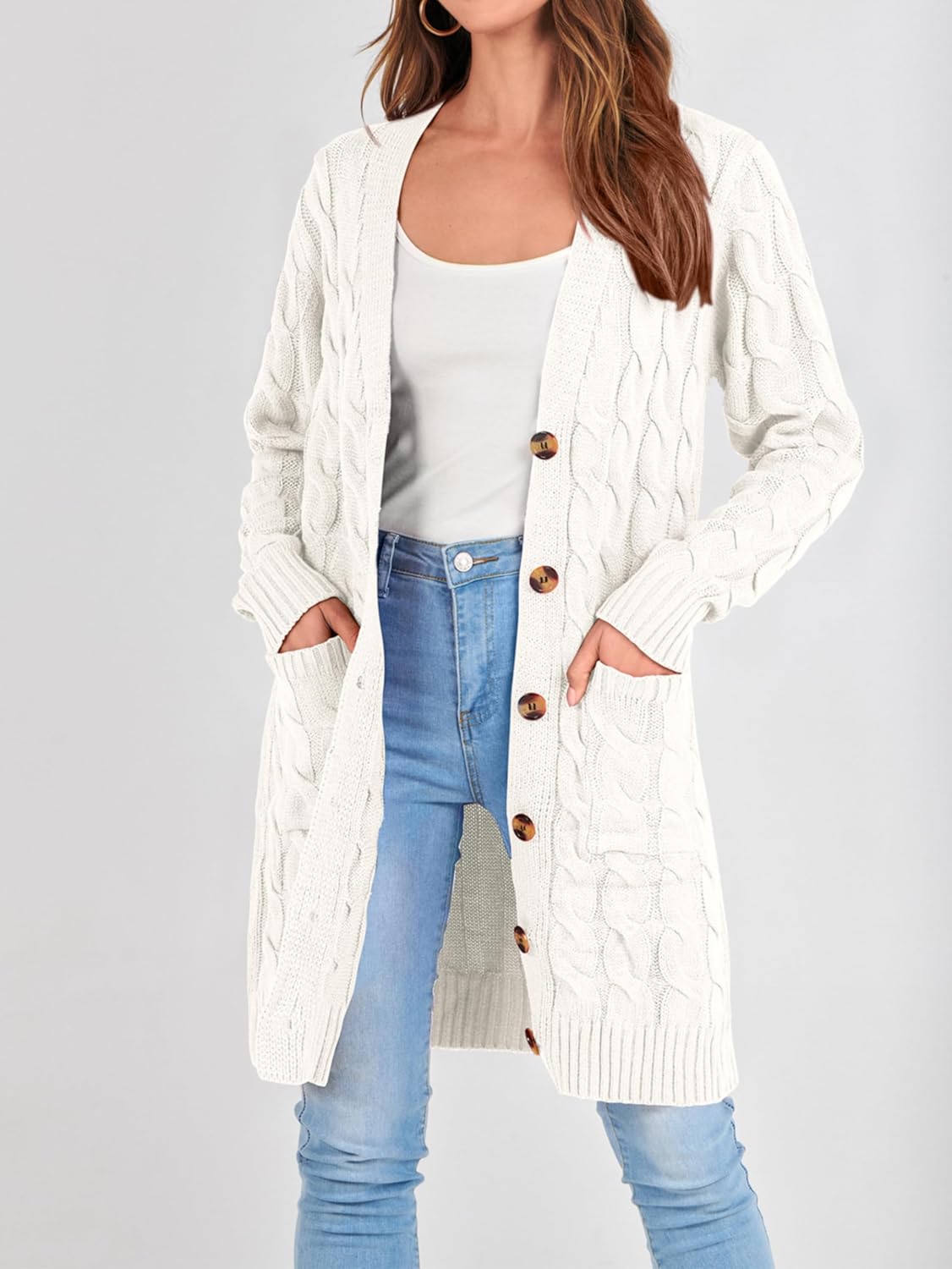 PRETTYGARDEN Long Sleeve Cable Knit Long Cardigan for Women 2026 Spring Winter Chunky Open Front Button Sweaters with Pockets - Image 3