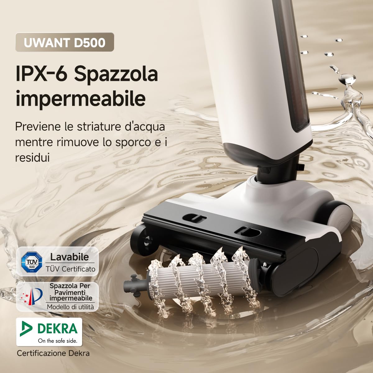 uwant D500 Aspirapolvere Lavapavimenti Senza Fili, Design Piatto a 180°, Deodorizzazione Serbatoi, 17000 Pa, Asciugatura Con Aria Calda a 65 °C Design Anti-Groviglio, IPX6 Spazzola impermeabile