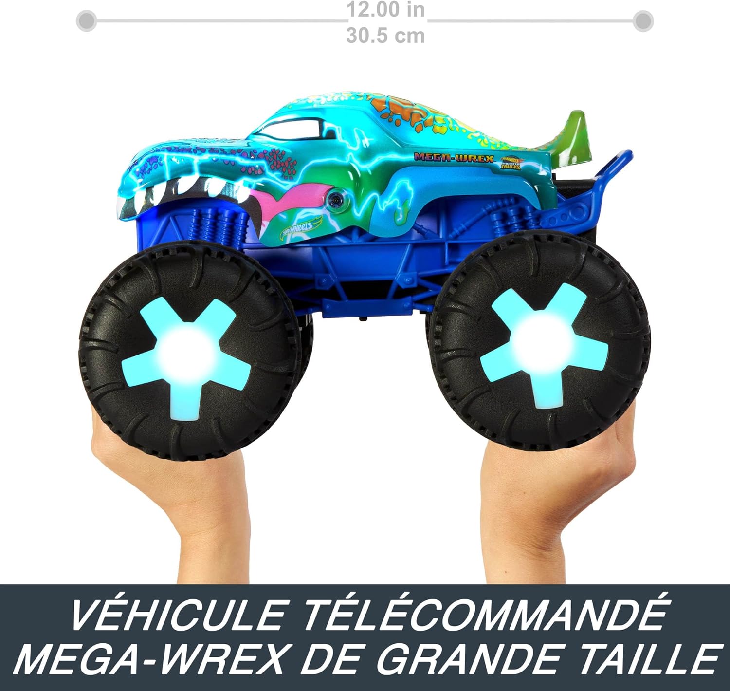 Hot Wheels Monster Trucks Mega-Wrex Alive RC Vehicle with dimensions overlay
