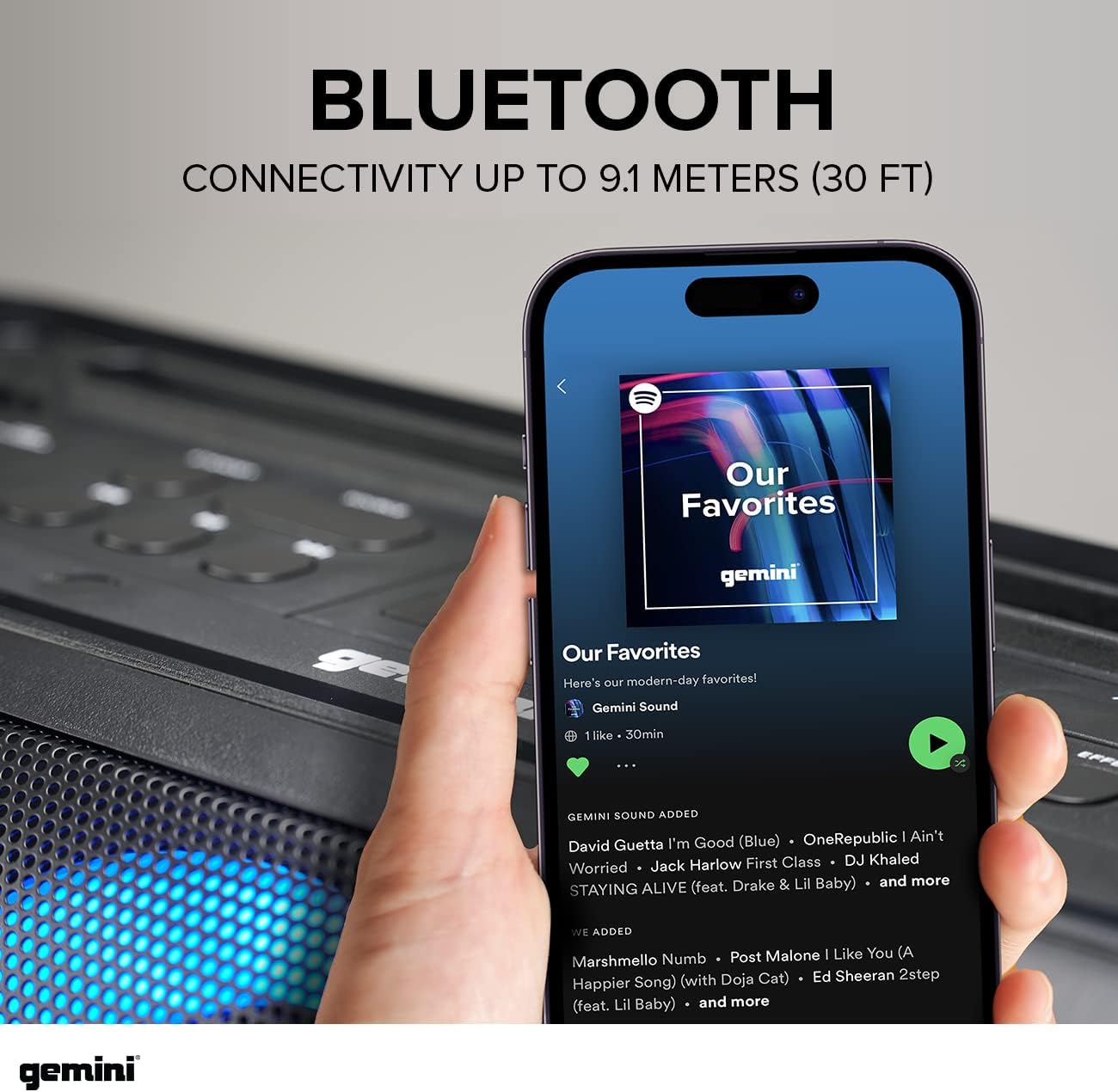 A hand holding a smartphone showing Bluetooth settings, with 'Gemini GSYS-2400' selected for pairing.