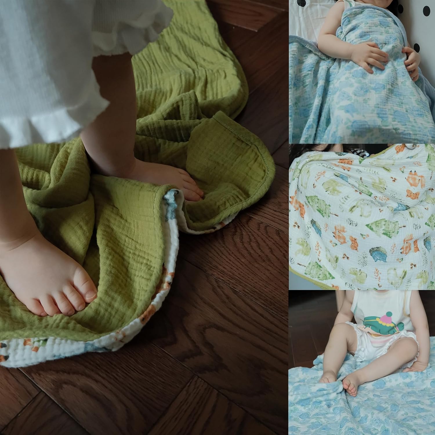 Muslin Baby Blanket 100% Cotton,Large Reversible Receiving Quilt for Boy Girl,Baby Blanket for Toddlers,Soft&Lightweight Premium Cotton Crib Quilt,Nursery,Tummy Time,Forest Creatures 47x47in