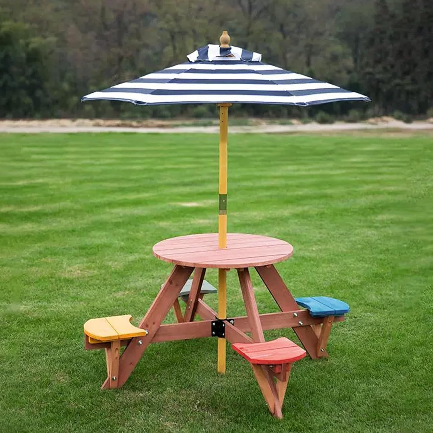Kids Picnic Tables for Outdoors, Toddler Picnic Table w/Height Adjustable Umbrella, Outdoor Wood Round Table & 4 Bench, for Patio, Garden, Backyard