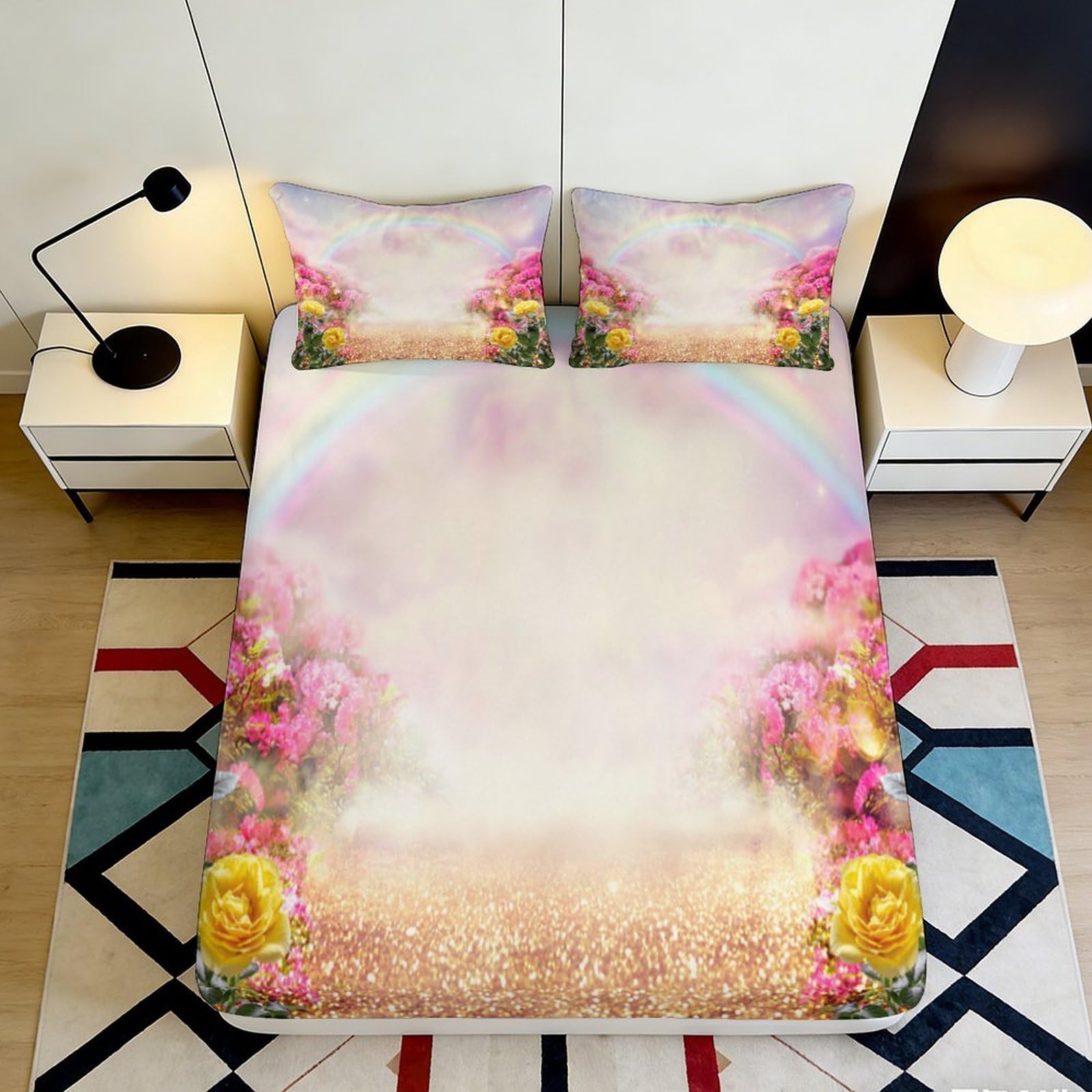 Dhbaneiok Style-3 3D Printed Rainbow Floral Fitted Sheet Microfiber Soft Bedroom Decor Pastel Blossom Mattress Cover For Home Dorm 90X200x25cm