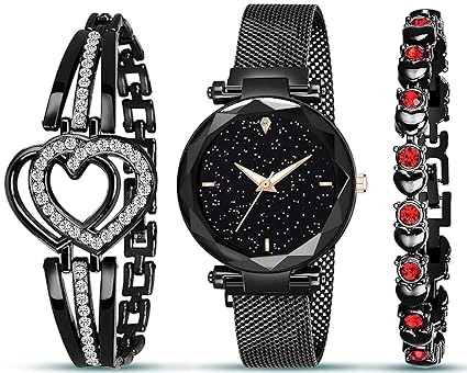 CERO Branded Analogue Black Dial Magnet Watch with Gift Bracelet for Women or Girls and Watch for Girl or Women (Combo of 3)