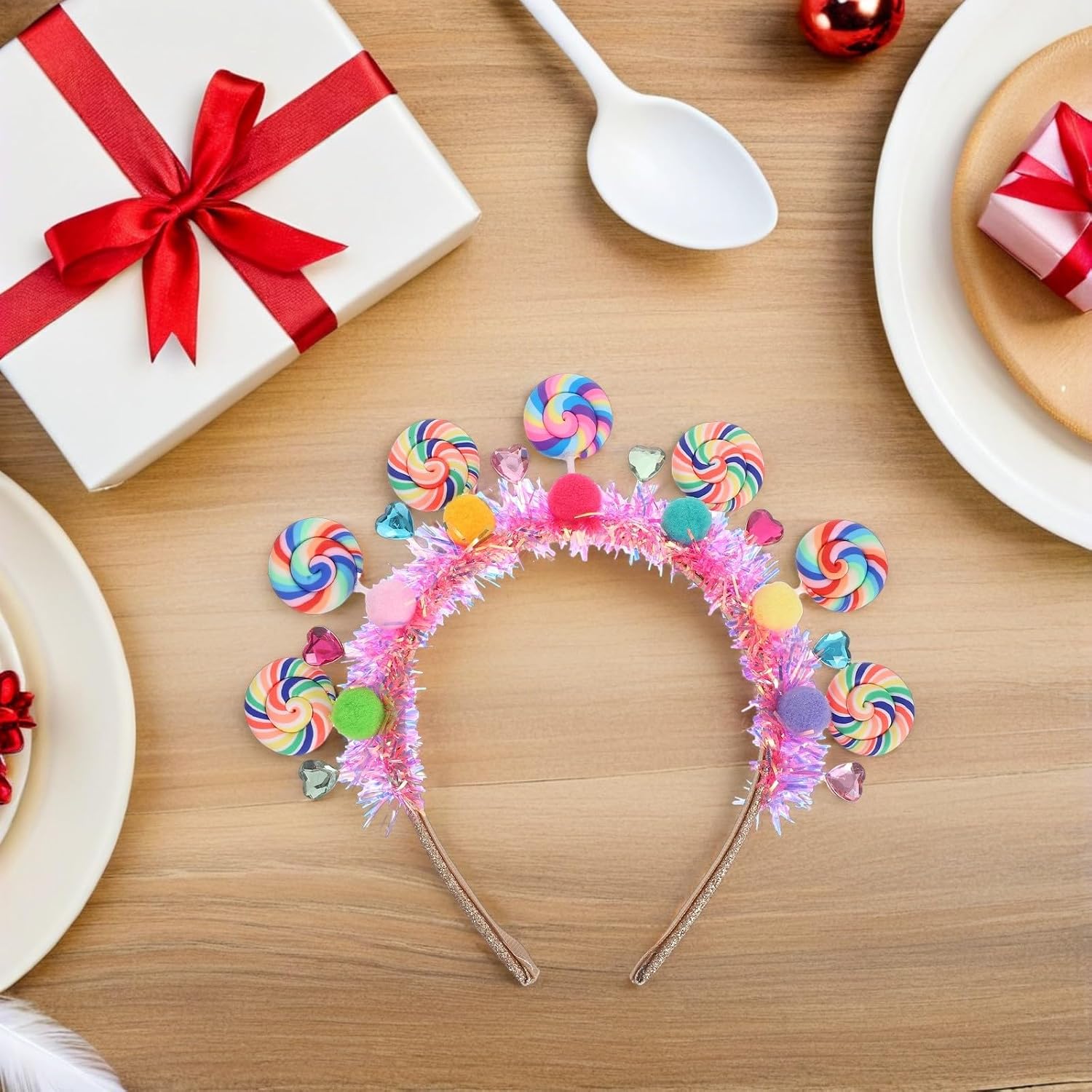 Garneck 2pcs Glitter Lollipop Headbands for Girls, Cartoon Candy Cane Headpiece with Colorful Pom Pom, Fun Party Hairbands for Women Birthday Halloween Accessories