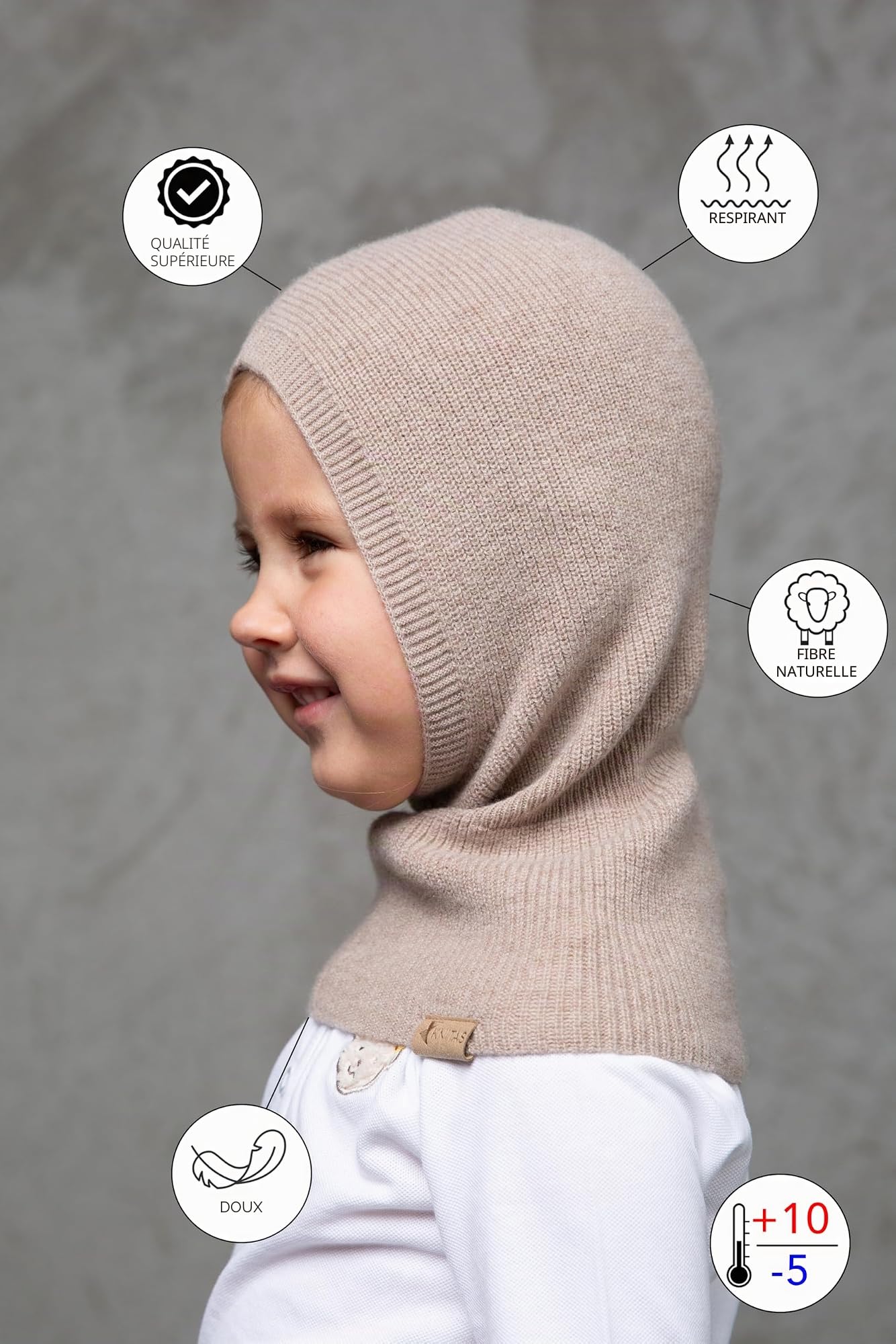 Bonnet tricoté à Une Couche en Laine mérinos et Cachemire (-5+10°C) pour bébés, Tout-Petits I Cagoule Super Douce I Printemps, Automne Chapeau pour Enfant en Beige, Rose, Gris, Fuchsia, Noir