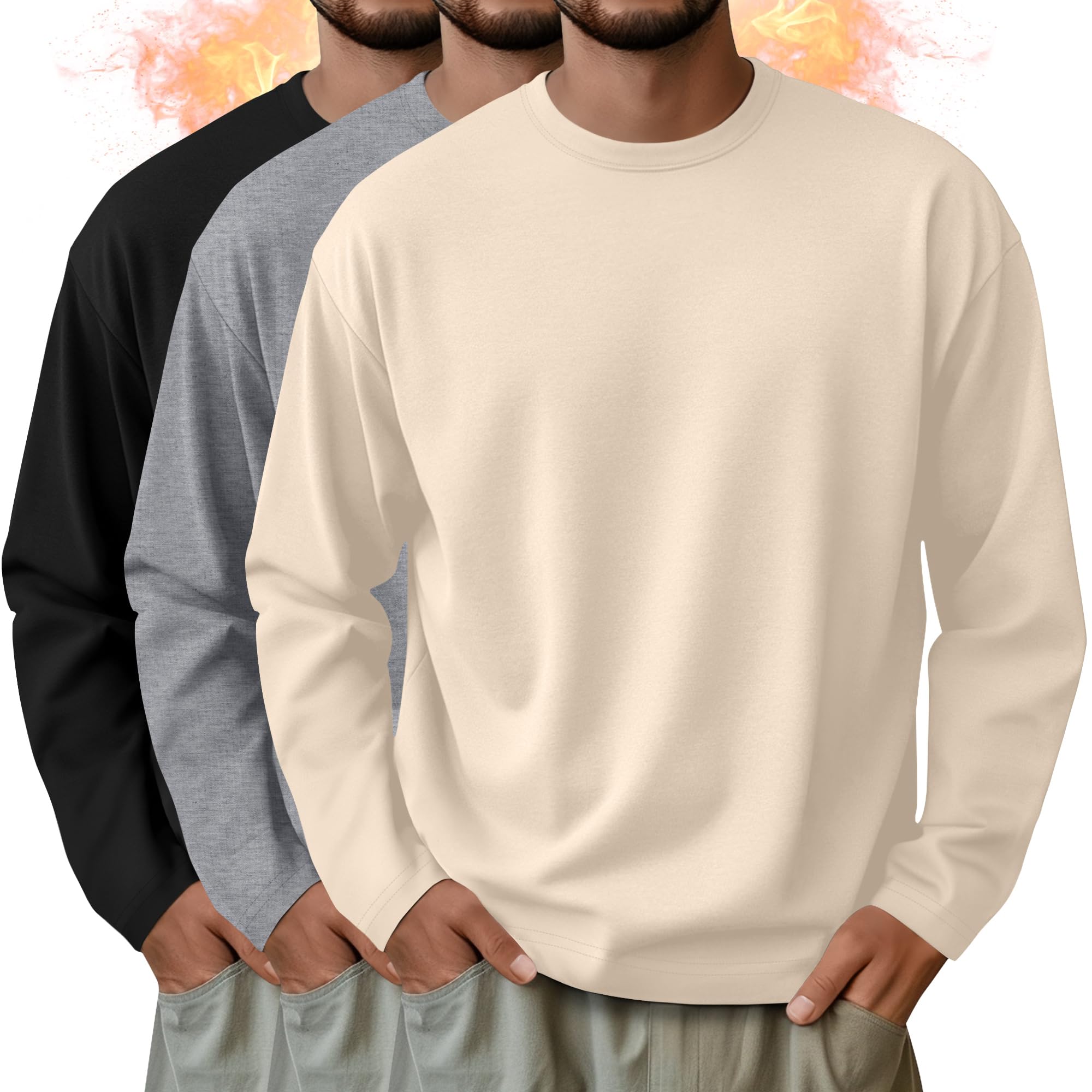 3 Pack Mens Long Sleeve Shirts Crew Neck Thermal T-Shirt Thick Pullover Basic Tops Casual Comfortable Sweatshirt