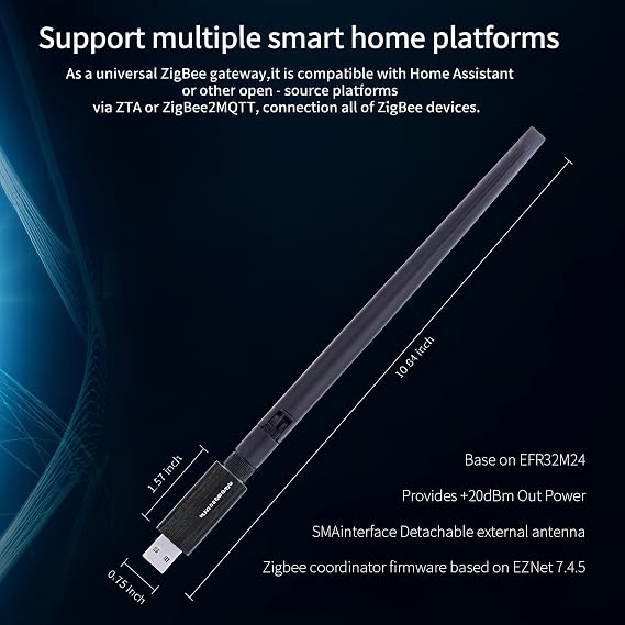 Zigbee 3.0 USB Dongle EFR32MG24, Universal Zigbee Coordinator & Gateway for Home Assistant, Zigbee2MQTT, ZHA, OpenHAB, High Gain Antenna for Local Smart Home Control.