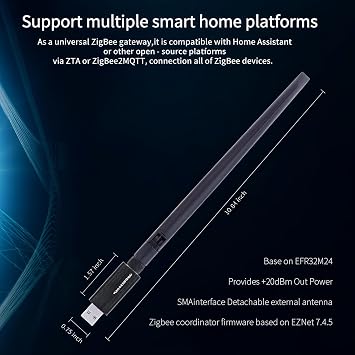 Zigbee 3.0 USB Dongle EFR32MG24, Universal Zigbee Coordinator & Gateway for Home Assistant, Zigbee2MQTT, ZHA, OpenHAB, High Gain Antenna for Local Smart Home Control.