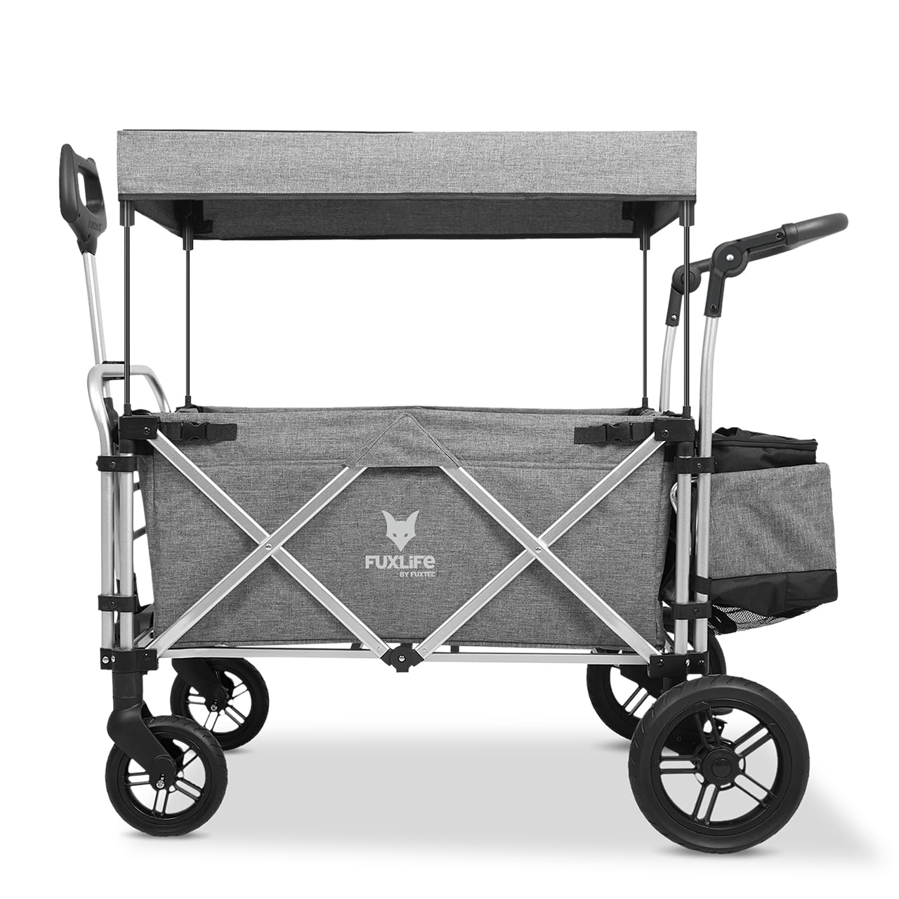 FUXLIFE Bollerwagen FX-CTL900 Premium Grau - Premium faltbar • Kinder Transportwagen mit Sonnendach • gepolsterter Innenraum & 5-Punkt-Gurte • gefederte Räder • klappbarer Handwagen mit Kühltasche