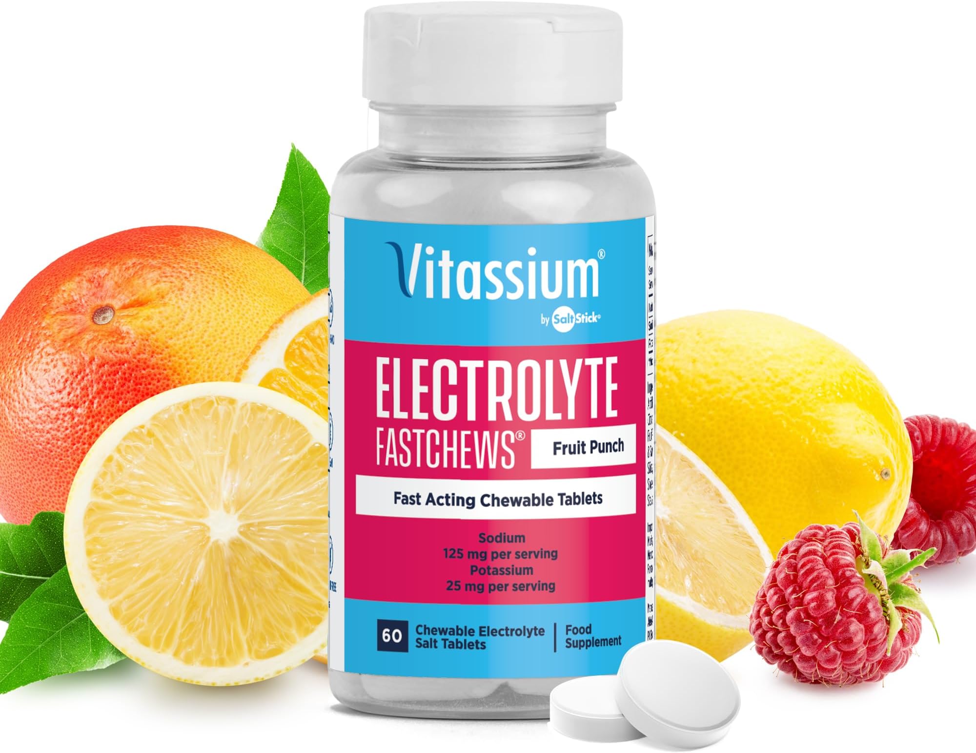 Vitassium FastChews, Chewable Electrolyte Tablets, Fast-Acting Sodium Tablets, Fruit Punch, 60 Count