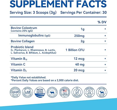 Miniatura 7 de Calostro bovino y colágeno en polvo para la salud intestinal, apoyo inmunológico, crecimiento del cabello y suplemento de belleza, sin azúcar, IgG,