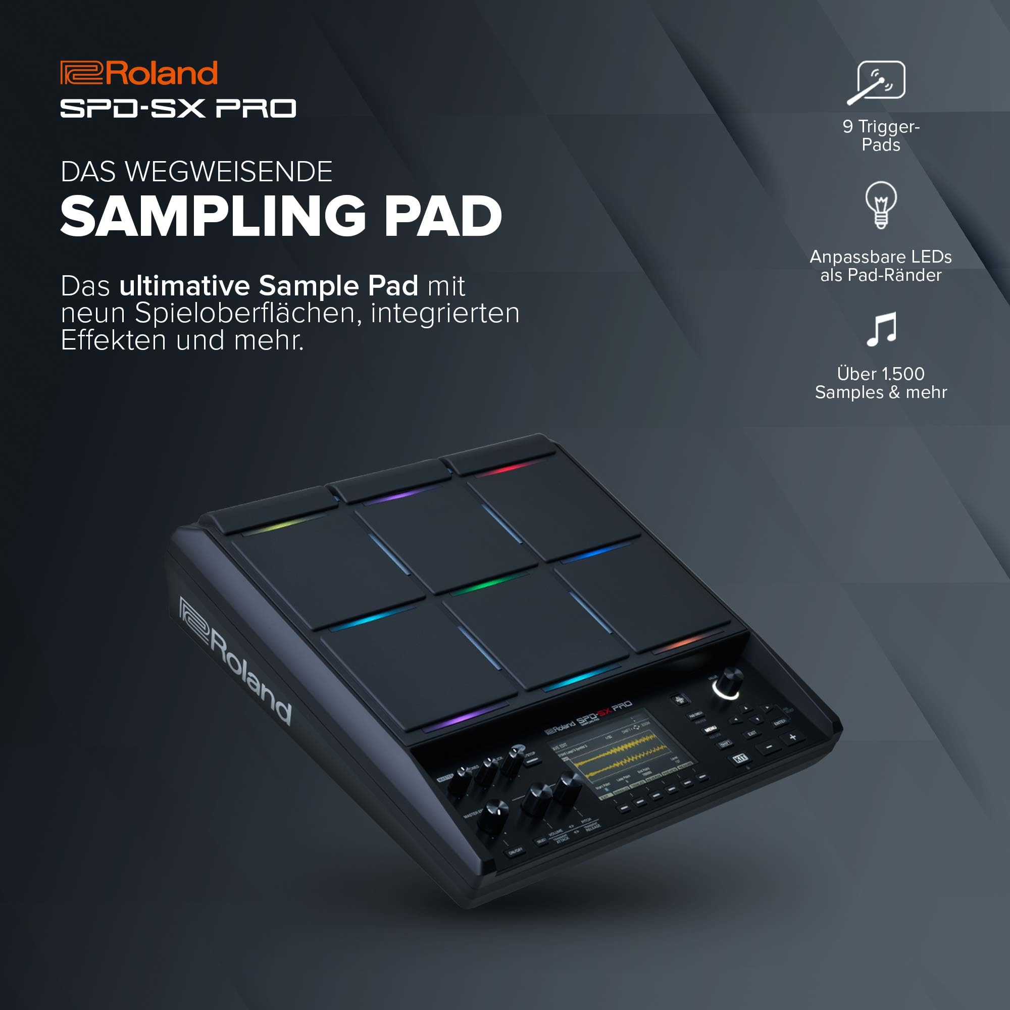 Roland SPD-SX PRO Sampling Pad | Das Sampling Pad Topmodell für Drummer & andere Musiker | 9 Spieloberflächen, 8 externe Trigger-Eingänge, Farbdisplay, anpassbare Pad-LEDs, integrierte Effekte & mehr