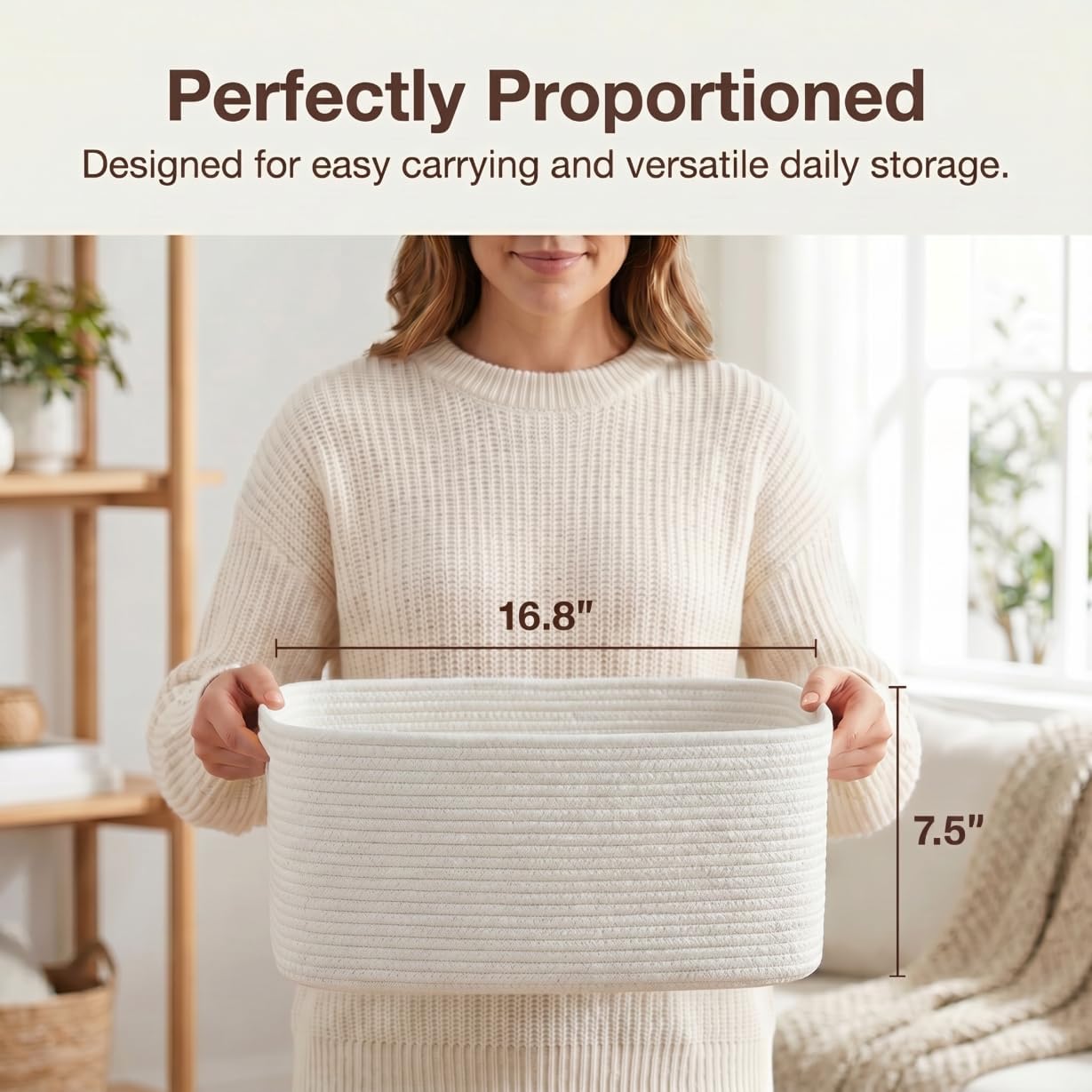 Storage Basket for Organizing, 16.8 x 13 x 7.5’’ Woven Baskets for Shelves, Laundry, Closet, Kitchen, Bathroom, Blanket & Clothes, Cotton Rope Toy Basket Bins with Hidden Handle, White
