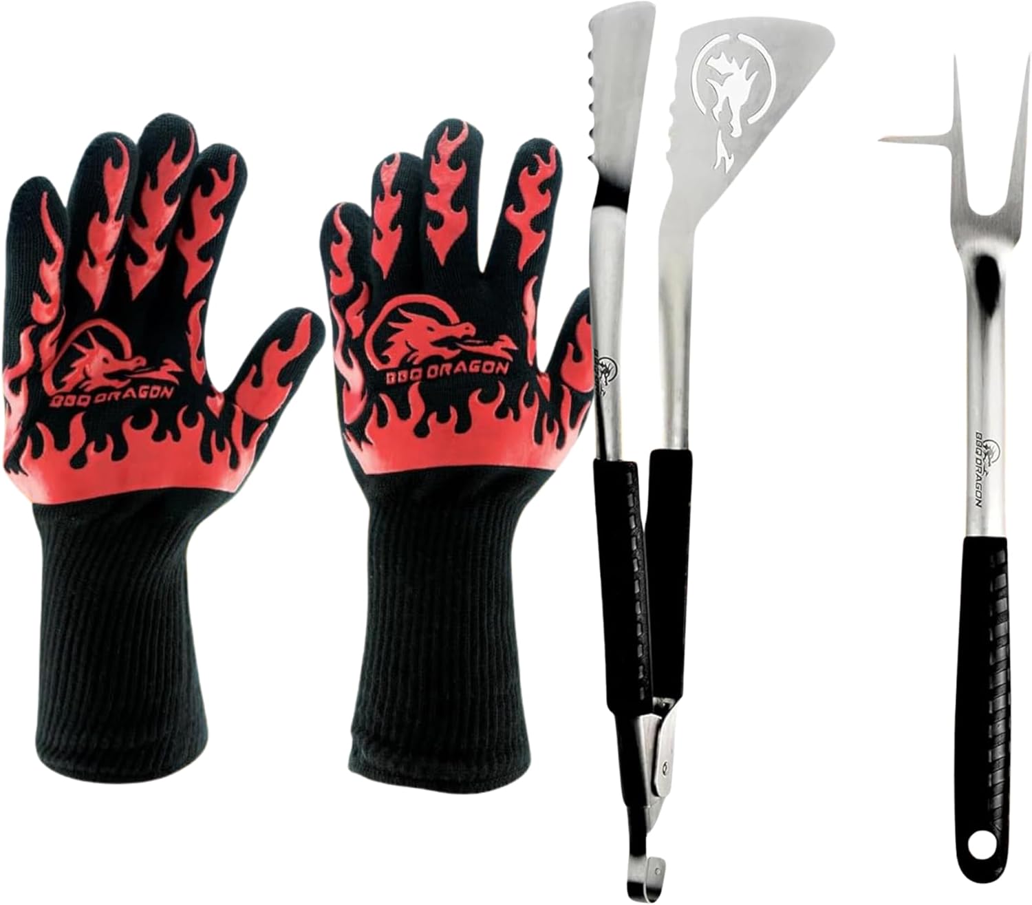 BBQ Dragon Premium Grilling Gear Bundle — Stainless Steel BBQ Tool Set + Extreme Heat Resistant Gloves for Grilling, Smoking, Outdoor Cooking, Barbecue Accessories Kit