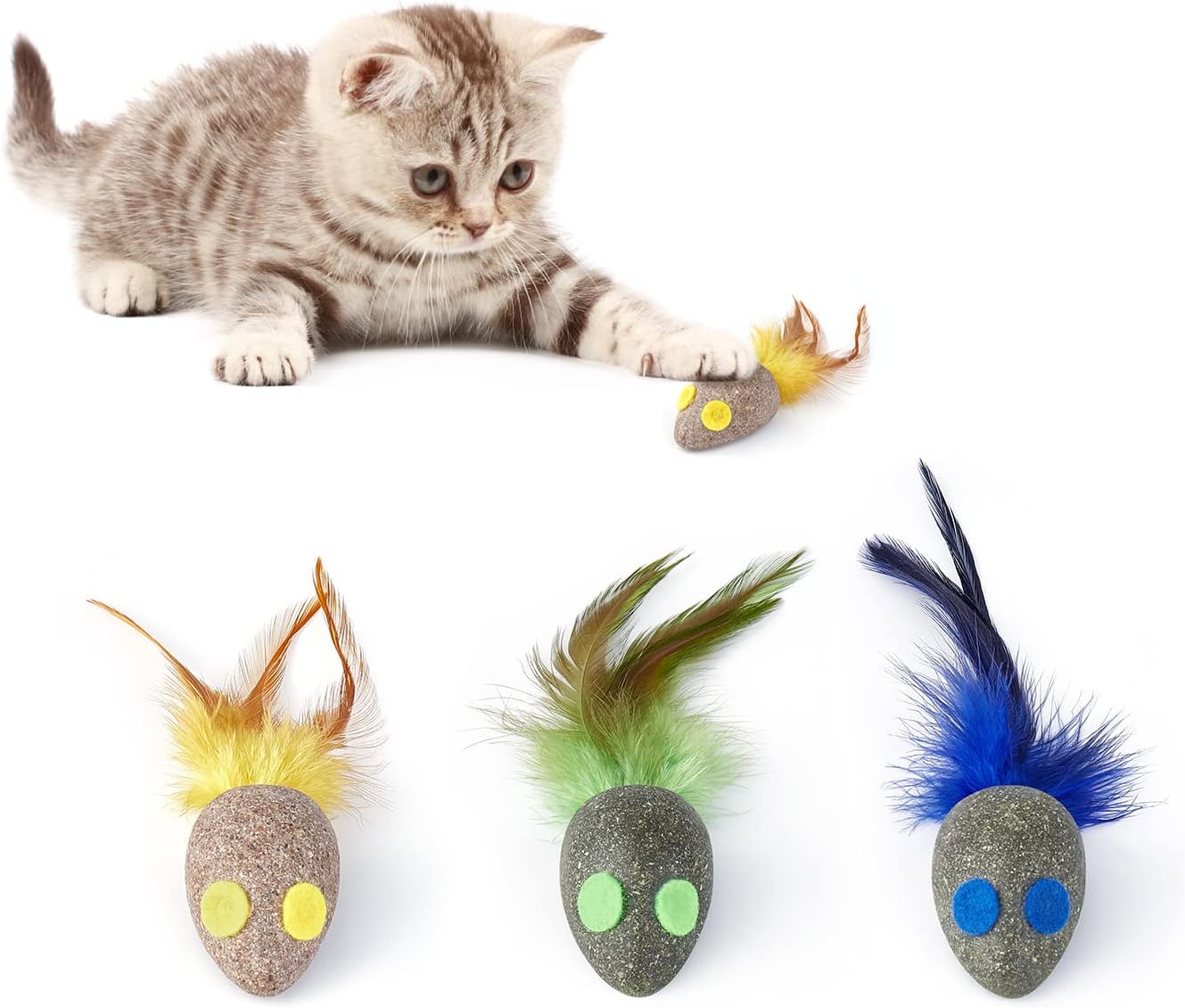 Potaroma Cat Toys 3 Pcs Catnip Mice Feather Toy, Edible Kitten Silvervine Toys for Cats Lick, Safe Healthy Kitty Chew Toys, Teeth…