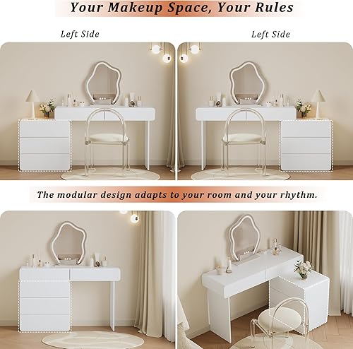 Miniatura 4 de Moderno juego de tocador de maquillaje con armario extensible, tocador de 5 cajones, espejo iluminado y cristal acrílico, tocador de lujo