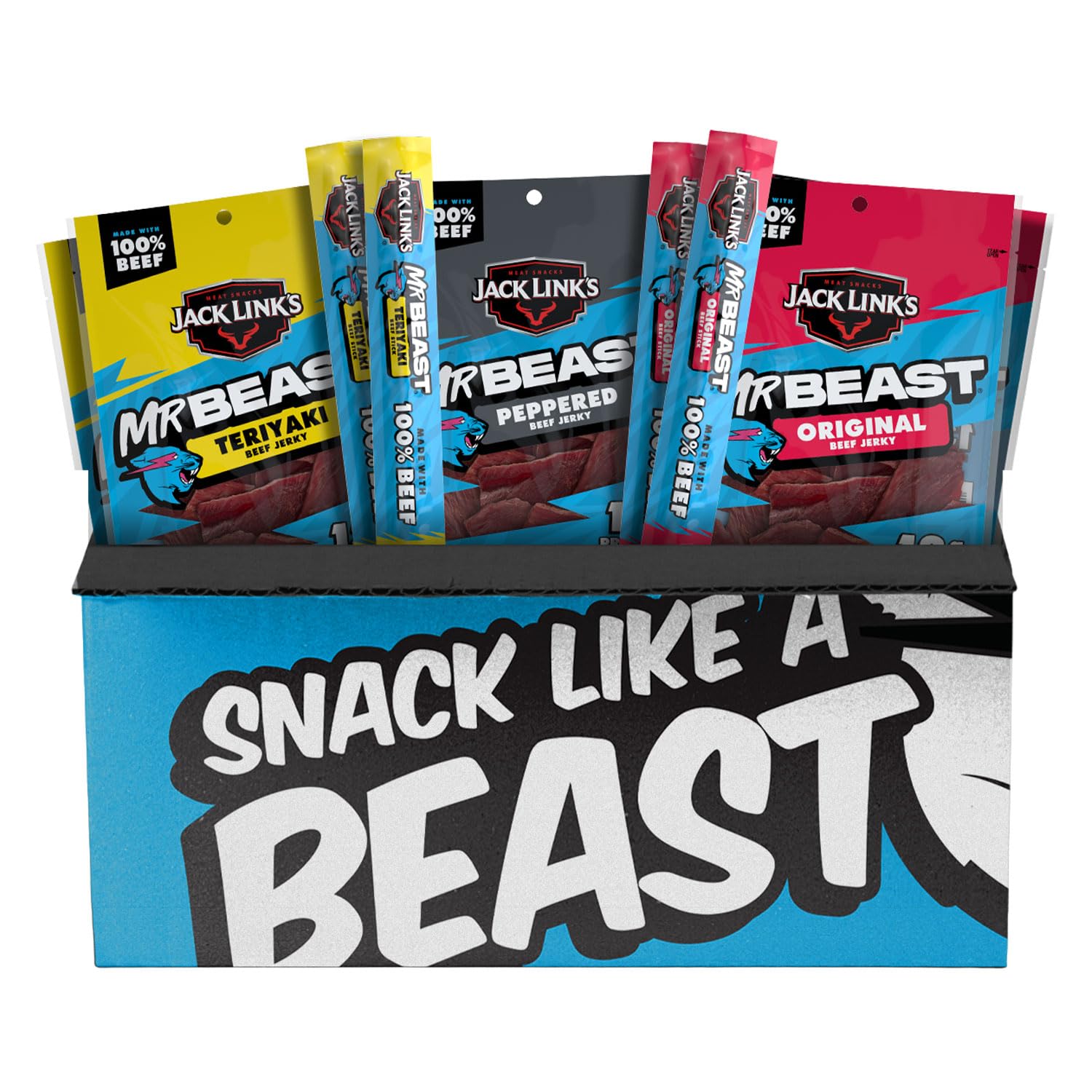 Jack Link’s x MrBeast Beef Jerky Variety Box - 9 Count, 100% Real Beef Jerky & Sticks, Beast Games Edition, Protein Snacks for Kids