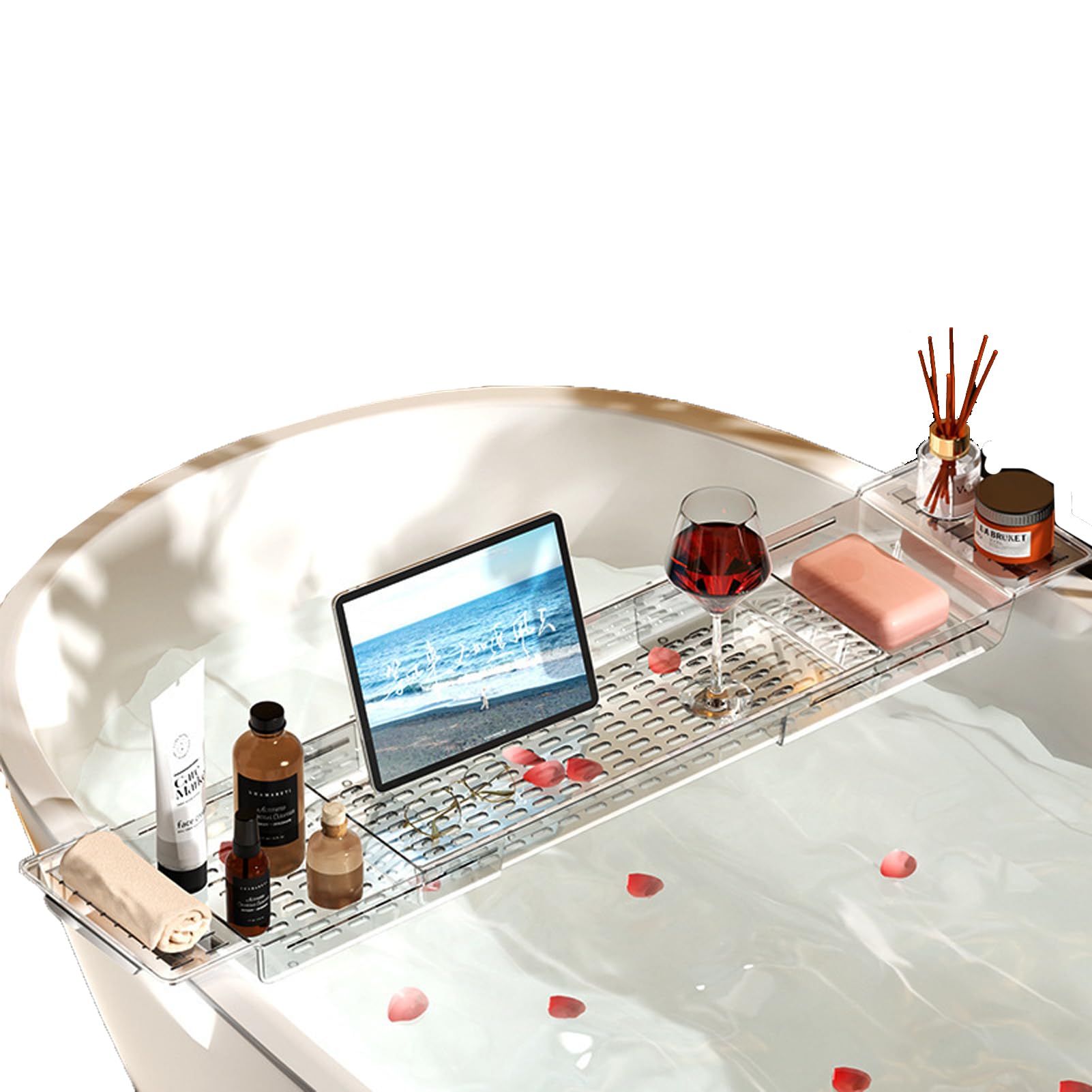 JKJZSALJ Expandable Bathtub Caddy Tray With Drain Anti Slip Design And Multiple Storage Compartments Perfect For Holding Towels Wine Candles And Phone Transparent Green-Transparen