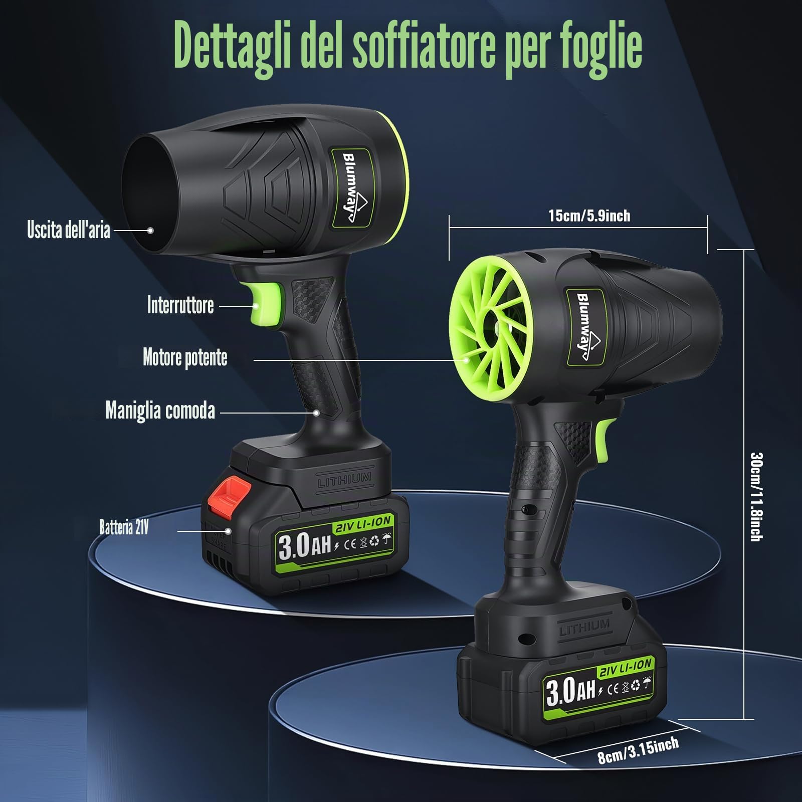 Blumway Soffiatore per foglie senza fili con batteria, soffiatore per la cura del prato, soffiatore manuale, 21 V x 2 batterie soffiatore elettrico per cortile/prato, spolverare, bolle di foglie