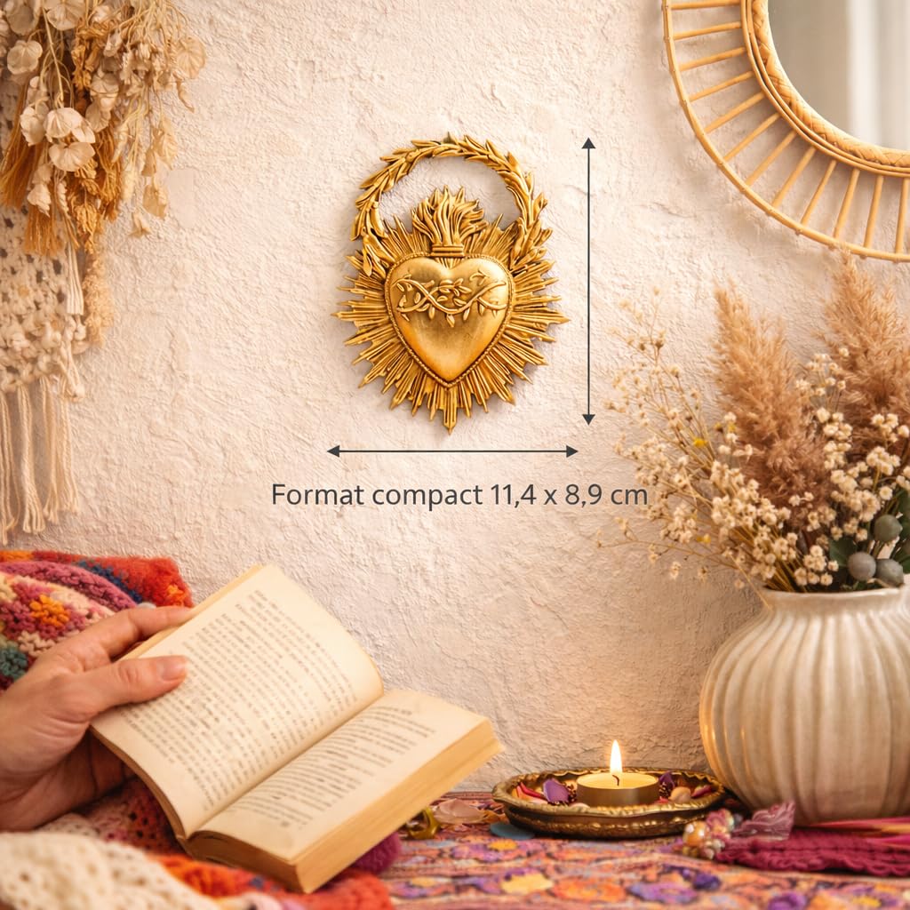 Générique Ex-Voto Sacro Cuore Decorativo, Corona di alloro dorata, bella fattura, dimensioni 11,4 cm x 8,9 cm, perfetto per collezionisti di ex voti