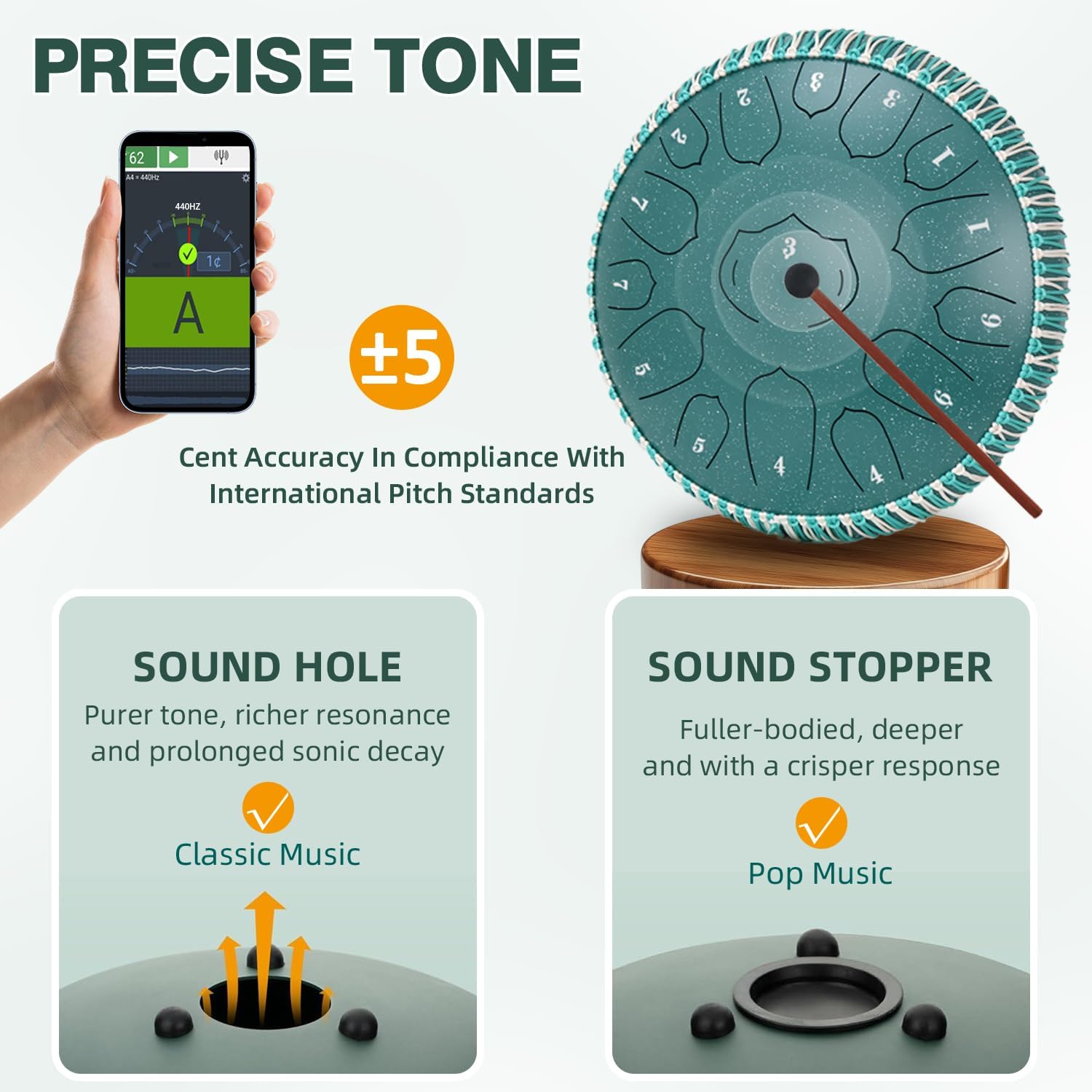 Steel Tongue Drum 13 Inch 15 Note, 440Hz Steel Drum in D Major, Deep Resonant handpan drum for Adults, Hand Pan Drums for Meditation, Yoga & Studio, with Music Book, Carry Bag&Mallets(Green)