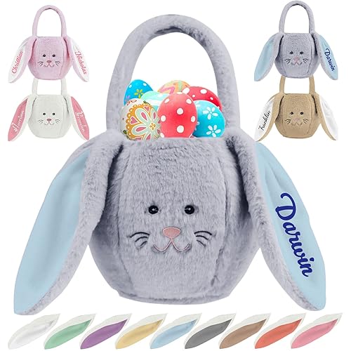 Cubos de Pascua personalizados con nombre, cesta de Pascua de peluche personalizada con asa de orejas largas, bolsas de caza de huevos