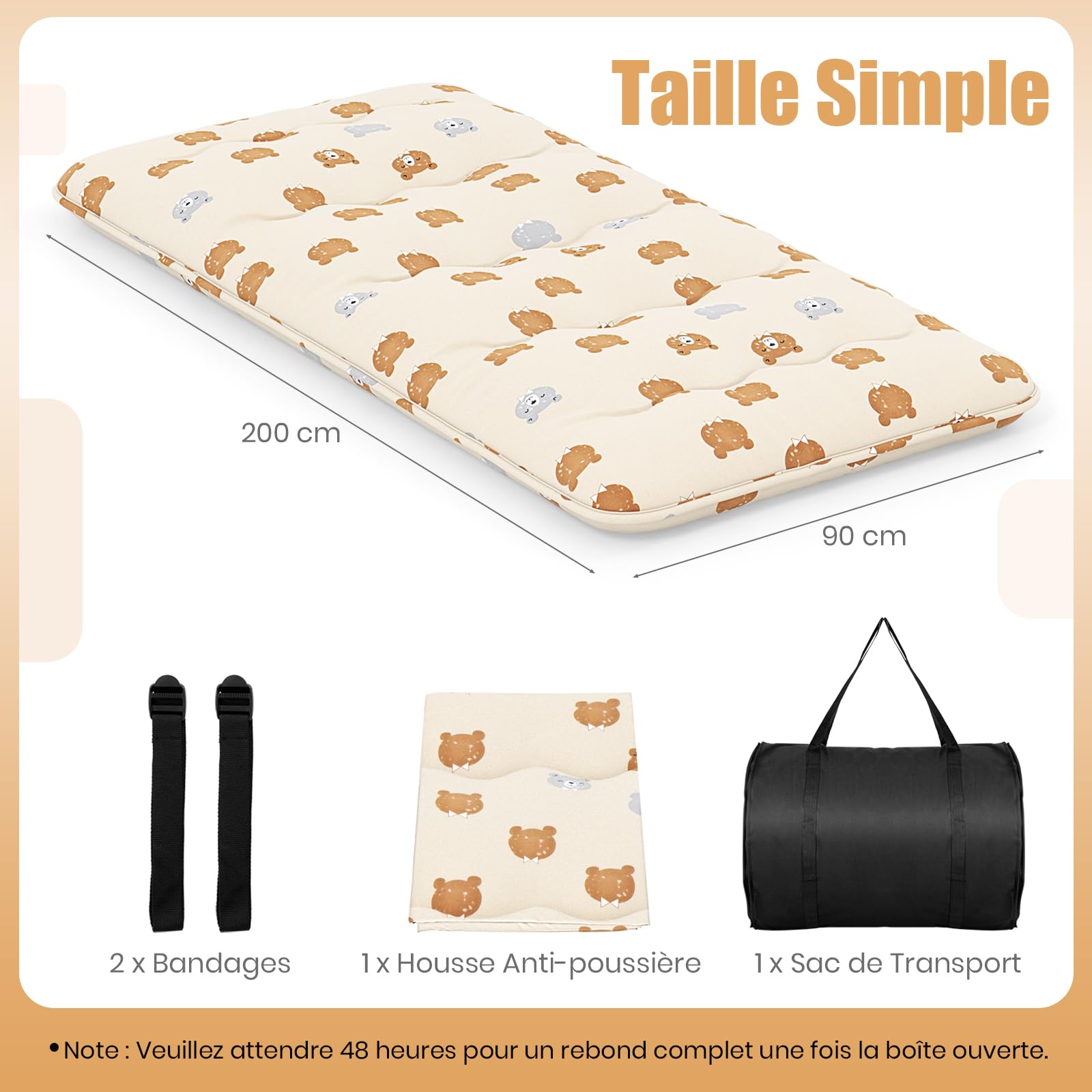 GIANTEX Matelas Futon Japonais Portable 90 x 200 cm, Rembourrage en Coton, Matelas de Sol Pliable pour 1 Personnes, Sac de Transport, Housse Lavable, 2 Bandages, Tatami Pliable pour Voyage, Camping