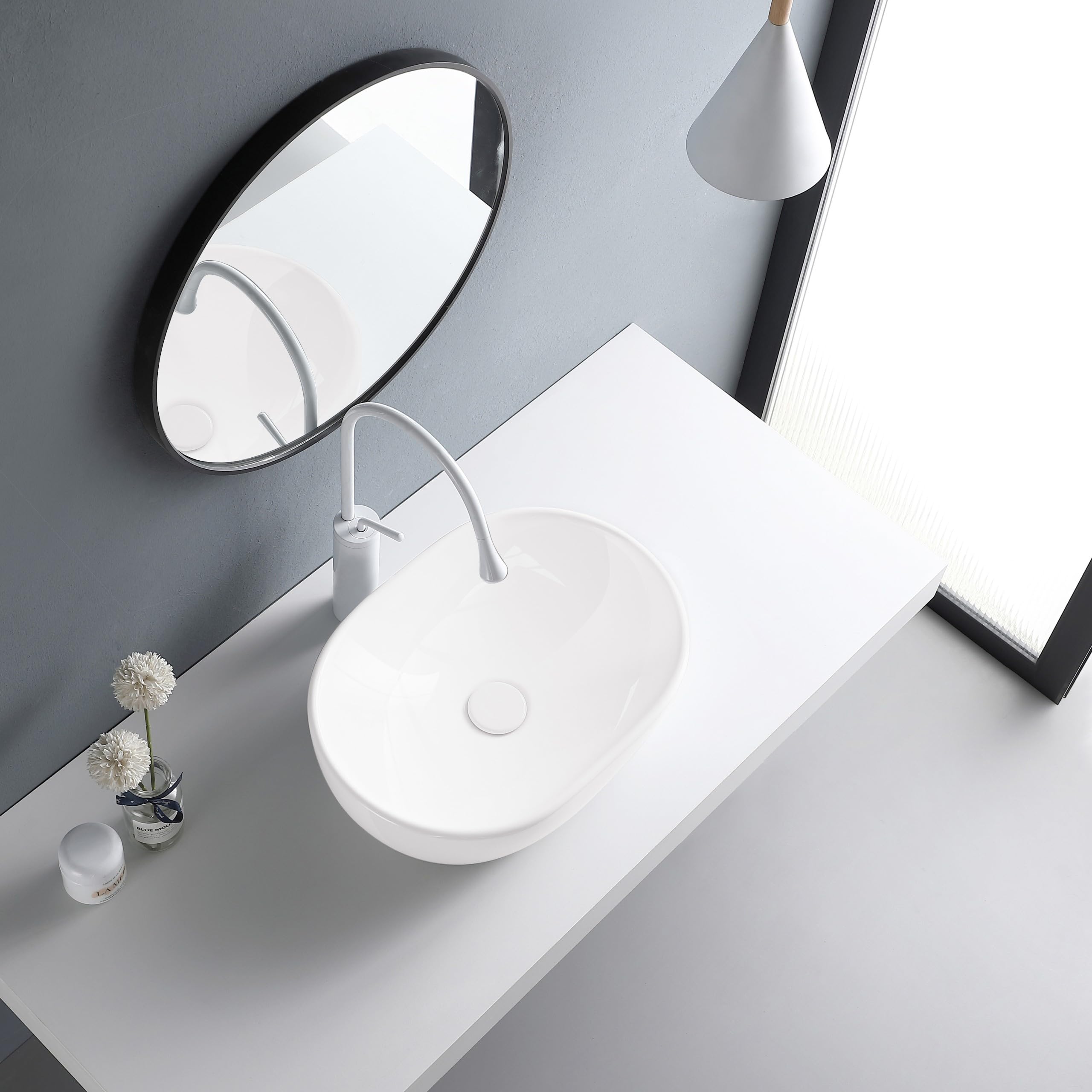 AQUAUNO - Lavabo da appoggio, 48 x 35 cm, ovale, in ceramica bianca, senza foro per rubinetto e troppopieno, per sanitari, bagno moderno