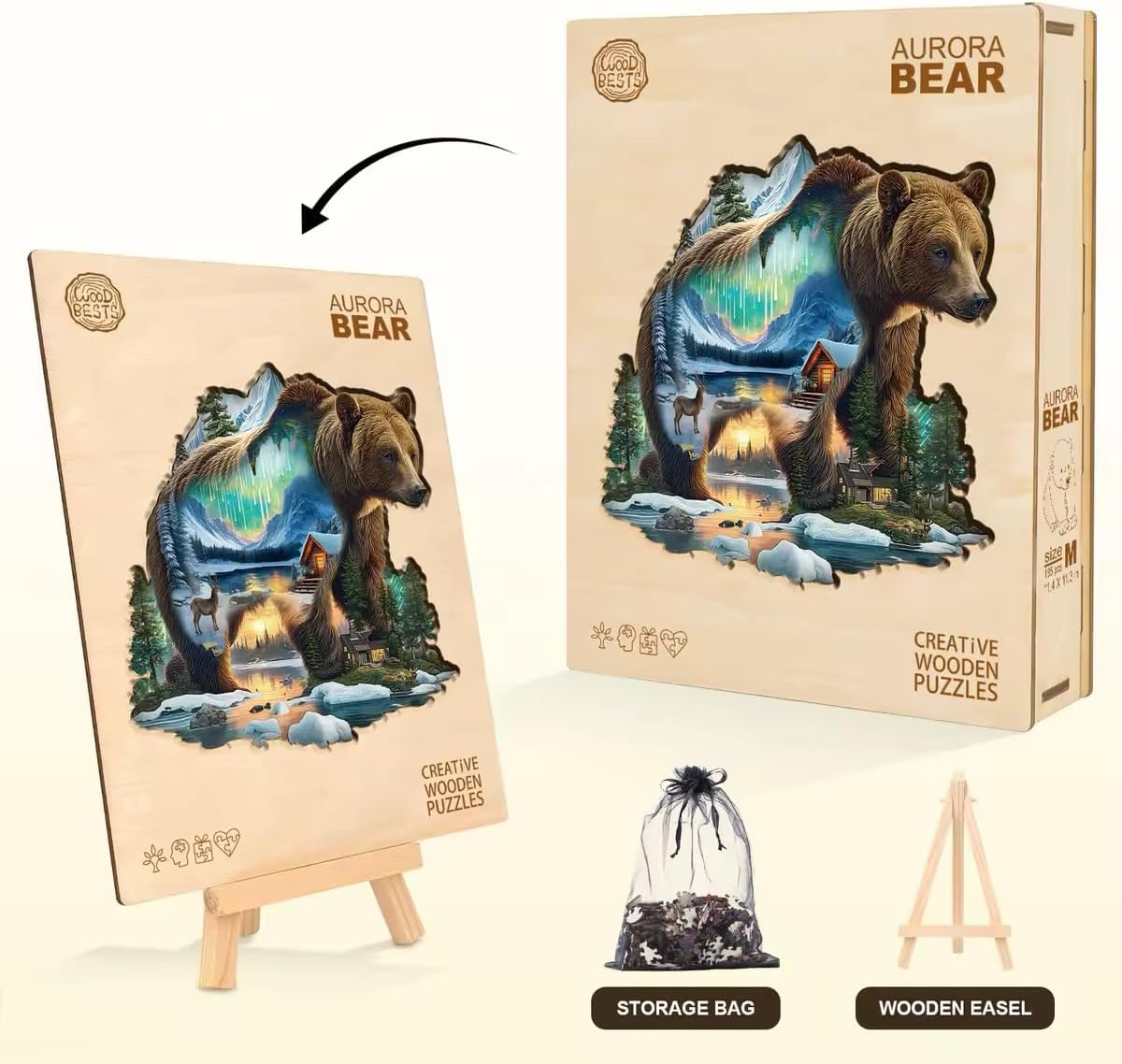 Wooden Puzzles for Adults, Aurora Bear Puzzle, Challenging Wooden Jigsaw Puzzle, Wood Adults Puzzles Birthday for Women Men (M-11.4 x 11.4in 180 Piece)