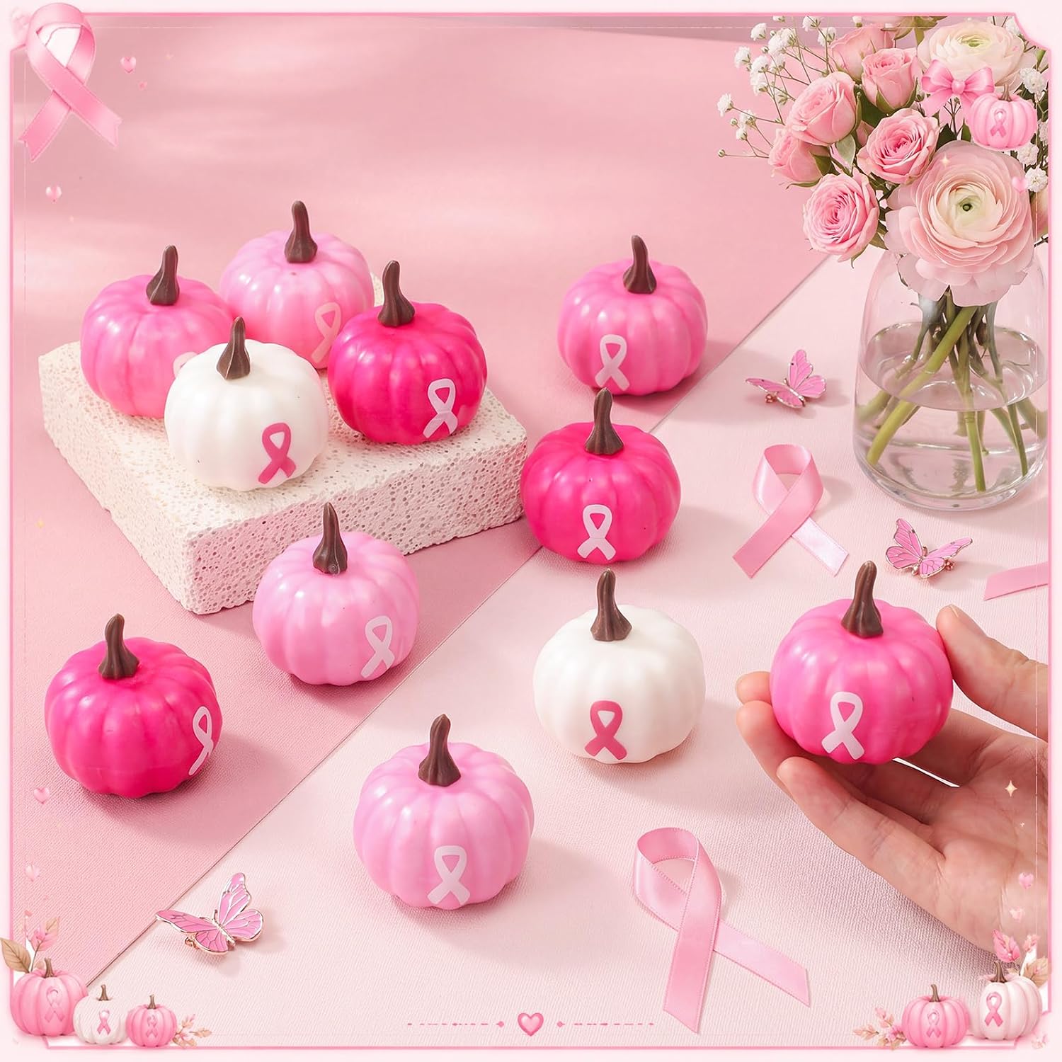 24 Pcs Breast Cancer Awareness Decorations Pink Ribbon Foam Pumpkins Bulk Artificial Pumpkins Gifts Breast Cancer Support Gifts for Fall Halloween Table Charity Party Decor