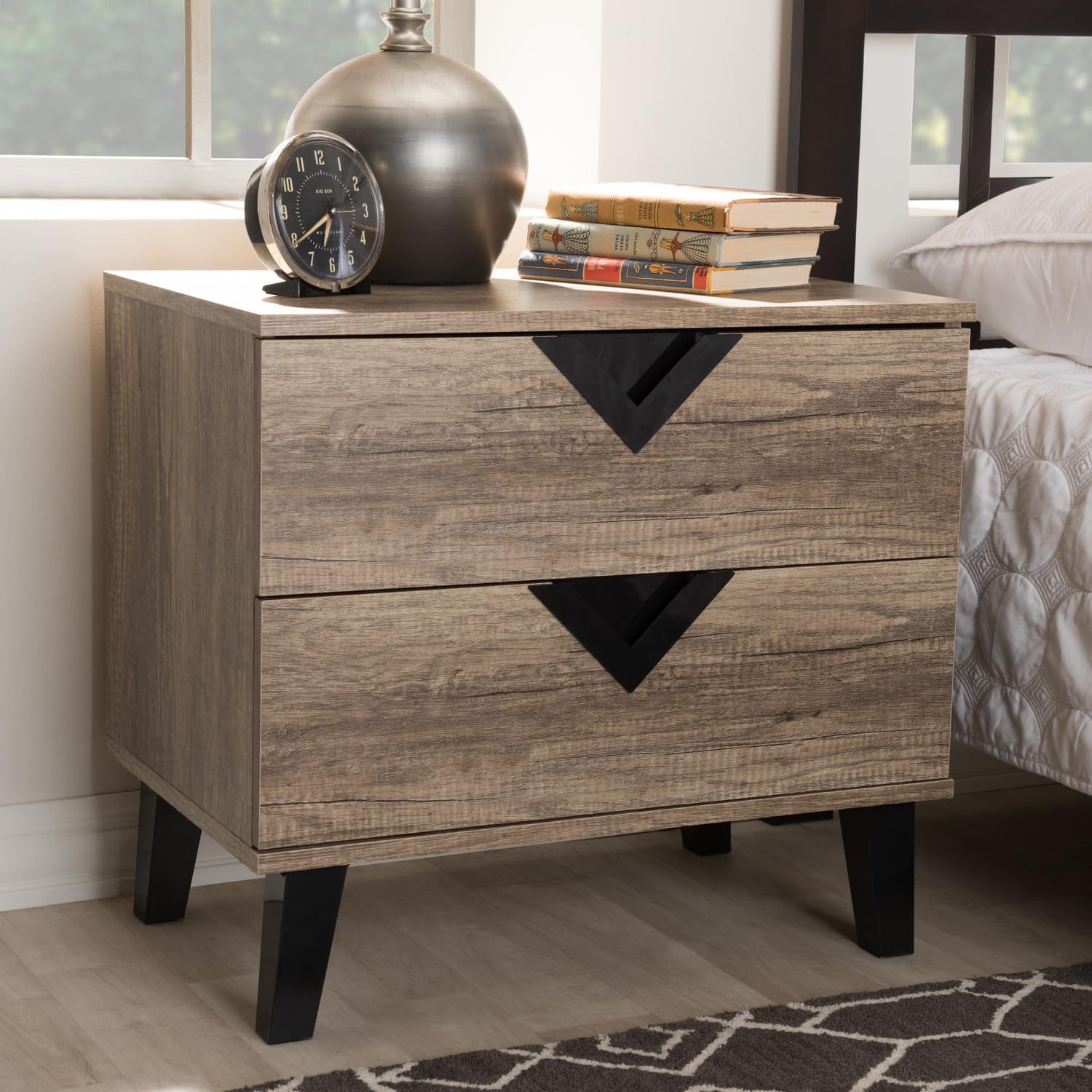 HomeStock Modern Nightstand 2 Drawer Bedside Table, Oak Veneer & Black Accents, Bedroom Storage Organizer