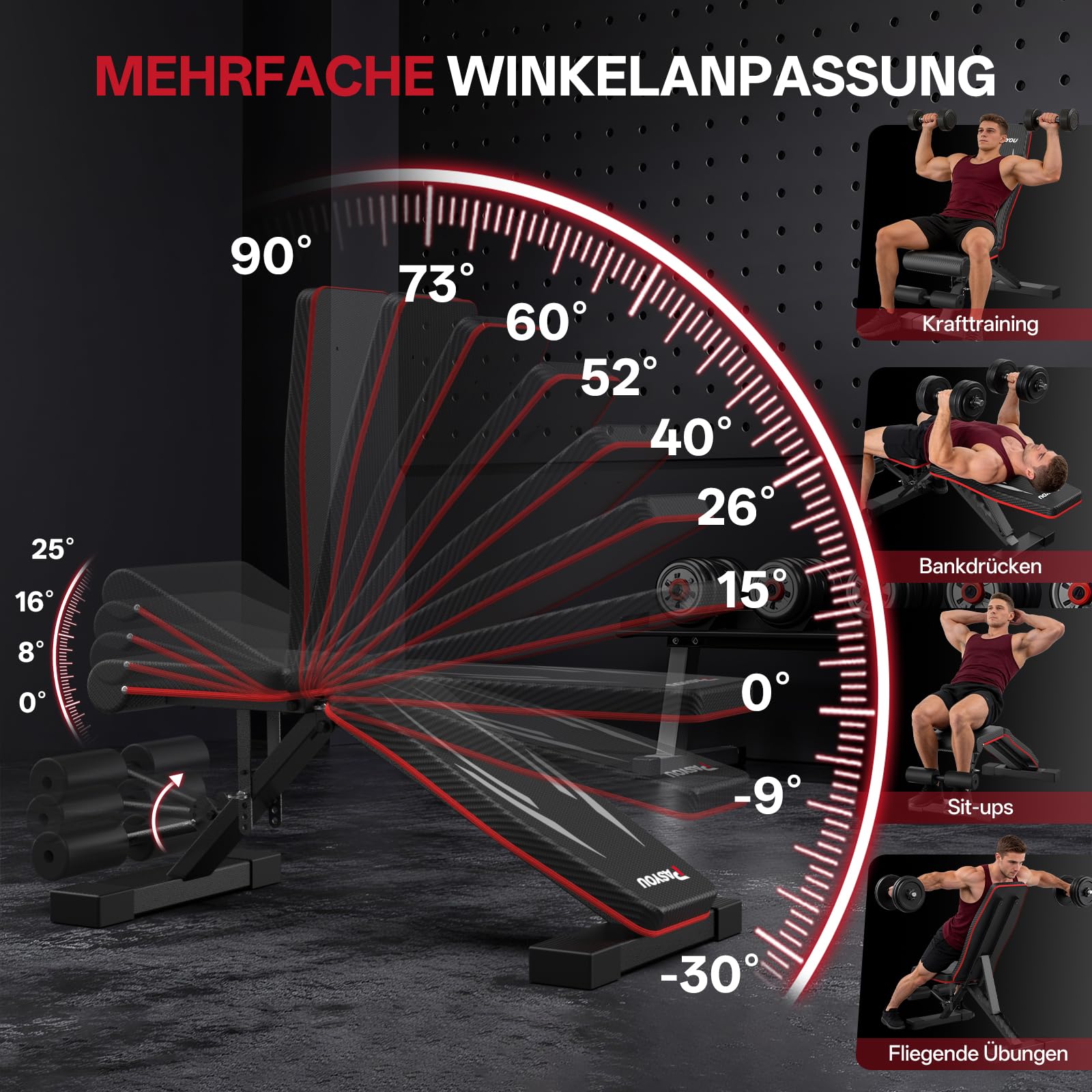 PASYOU Hantelbank Klappbar mit Rückenlehne 300kg Belastbarkeit, Verstellbar Multifunktions Trainingsbank Schrägbank für Ganzkörperworkout, Fitness Bank mit Griffen für Hause Fitnessstudio (PA350)