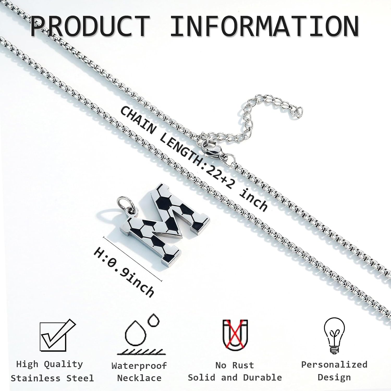 Susook Soccer Initial A-Z Letter Necklace for Men Soccer Charm Pendant Stainless Steel Silver Box Chain 22+2inch Personalized Soccer Gift for Men - Image 2