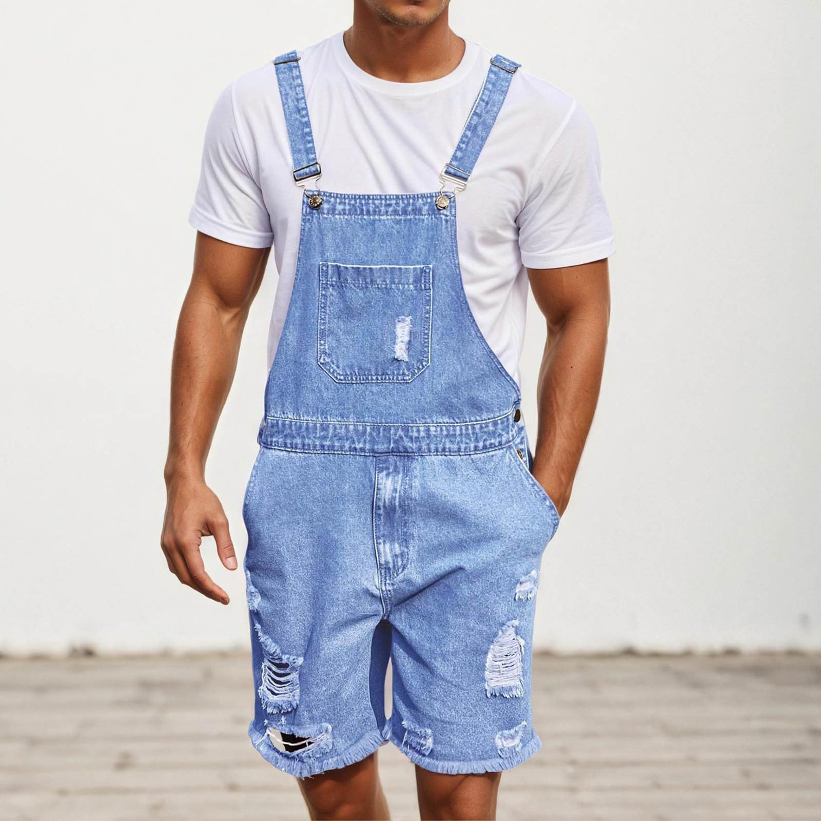Generisch Mono vaquero para hombre, pantalones cortos de verano, ropa de trabajo ajustable, mono vaquero corto, corte holgado, mono de verano con bolsillos, pelele rasgado