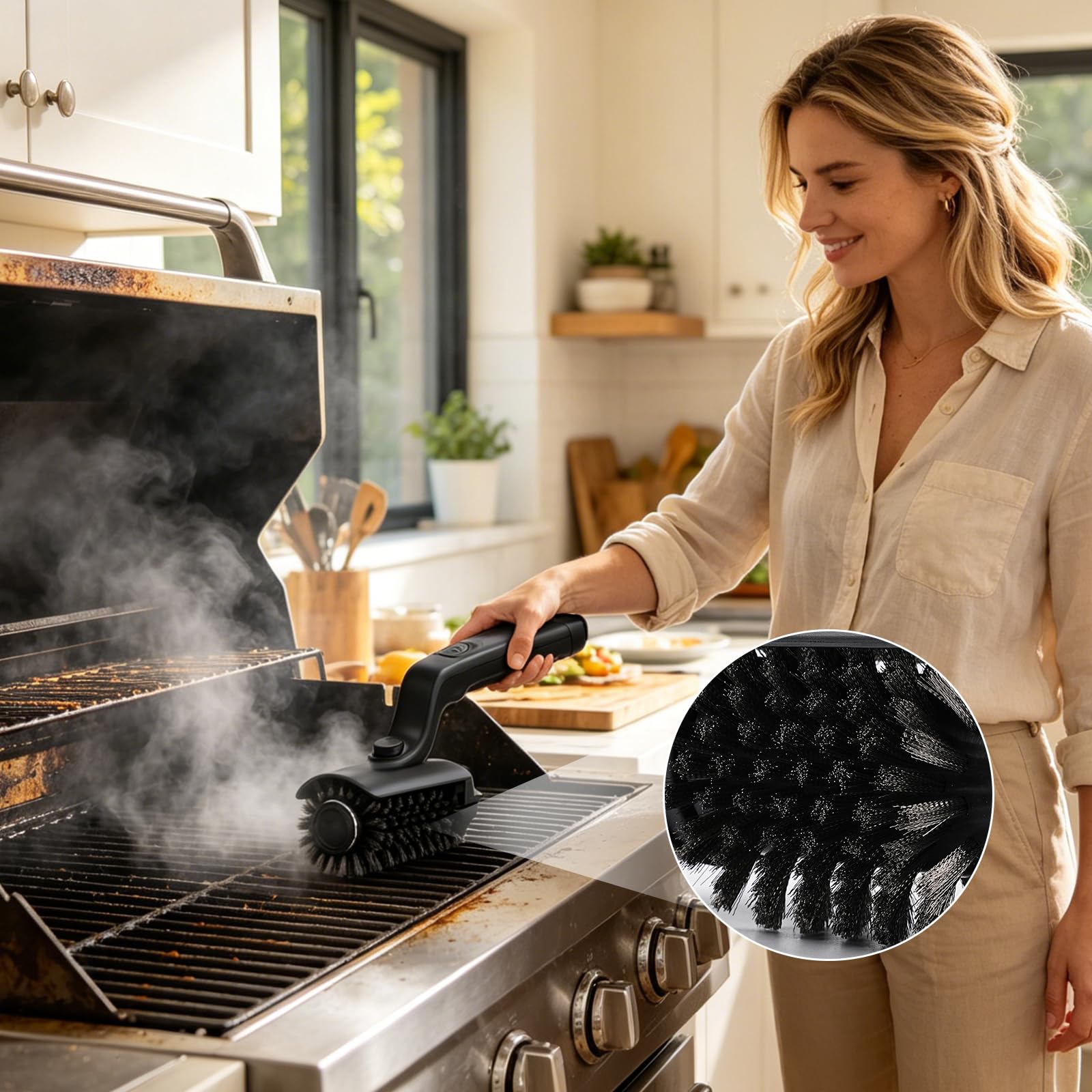 Nikou Spazzola elettrica per barbecue, spazzola per grigliate, funzionamento a batteria, angolo regolabile di 180°, pulizia a 3 livelli, spazzola per la pulizia per griglie elettriche, griglia a gas