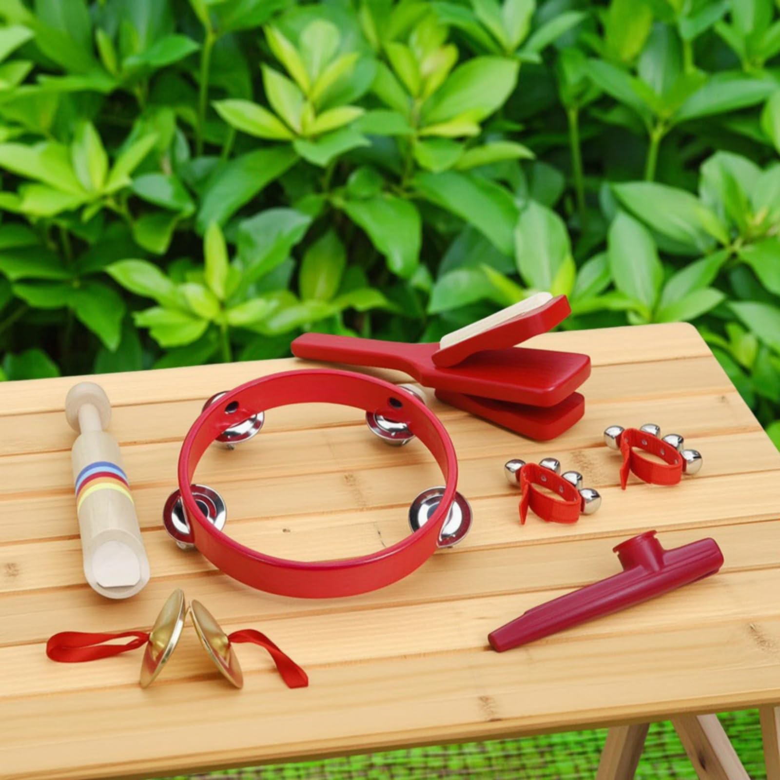 Set da 6 Percussioni Musicali per Infanzia con Tamburello a Mano Raganella in Legno Cimbali per E Sonagli da Polso per Stimolazione Sensoriale E